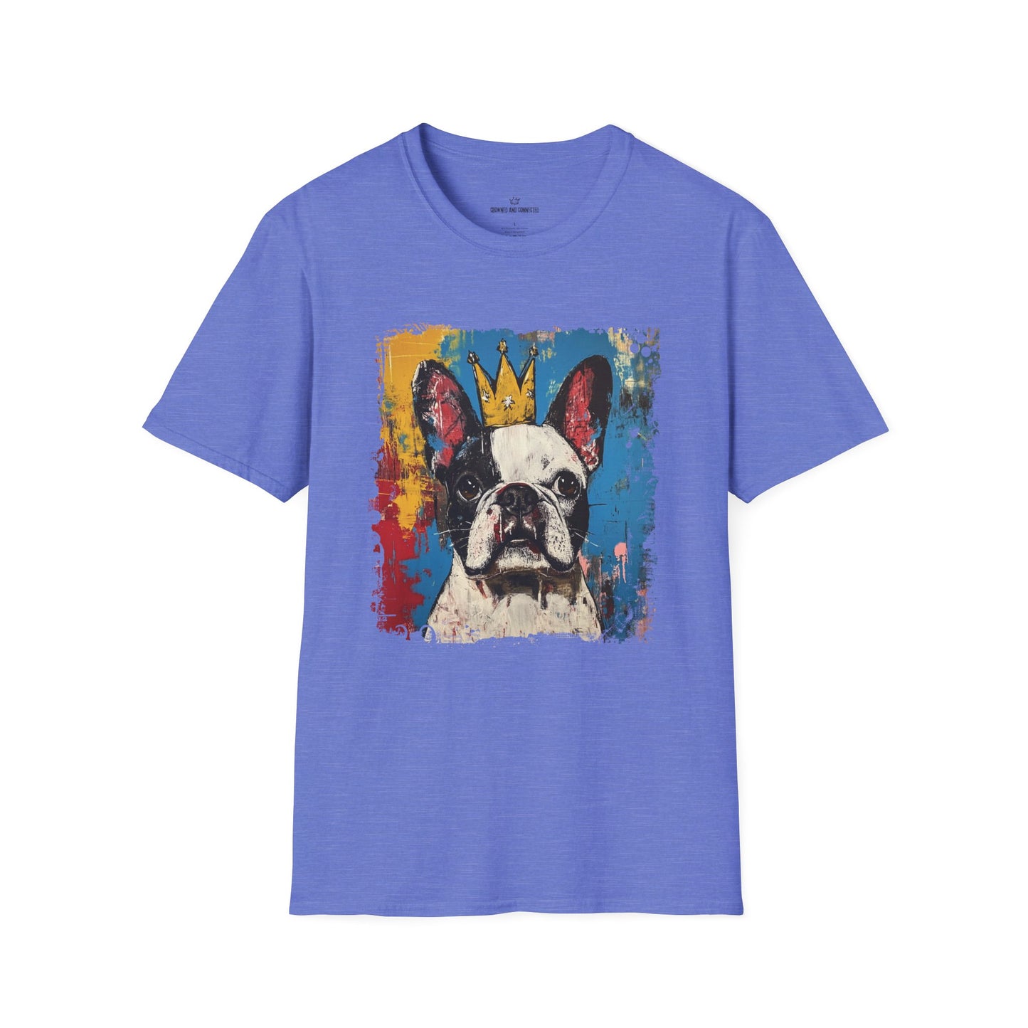 Blue t-shirt with a colorful French Bull dog graphic and crown on a white background