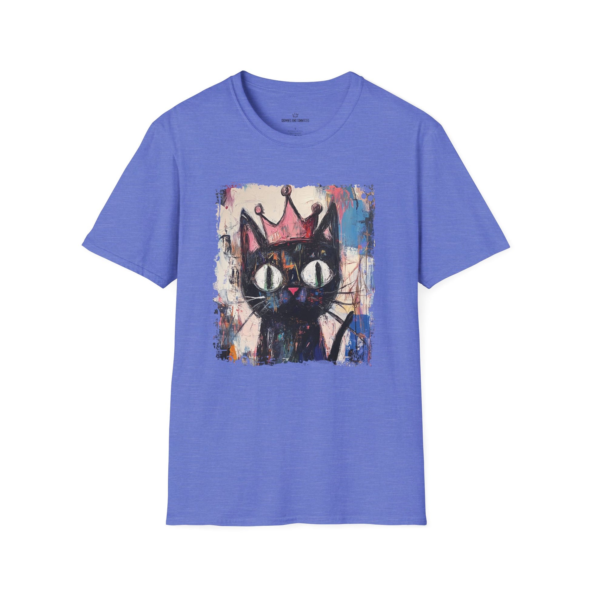 Blue t-shirt with a black cat wearing a crown graphic on a white background
