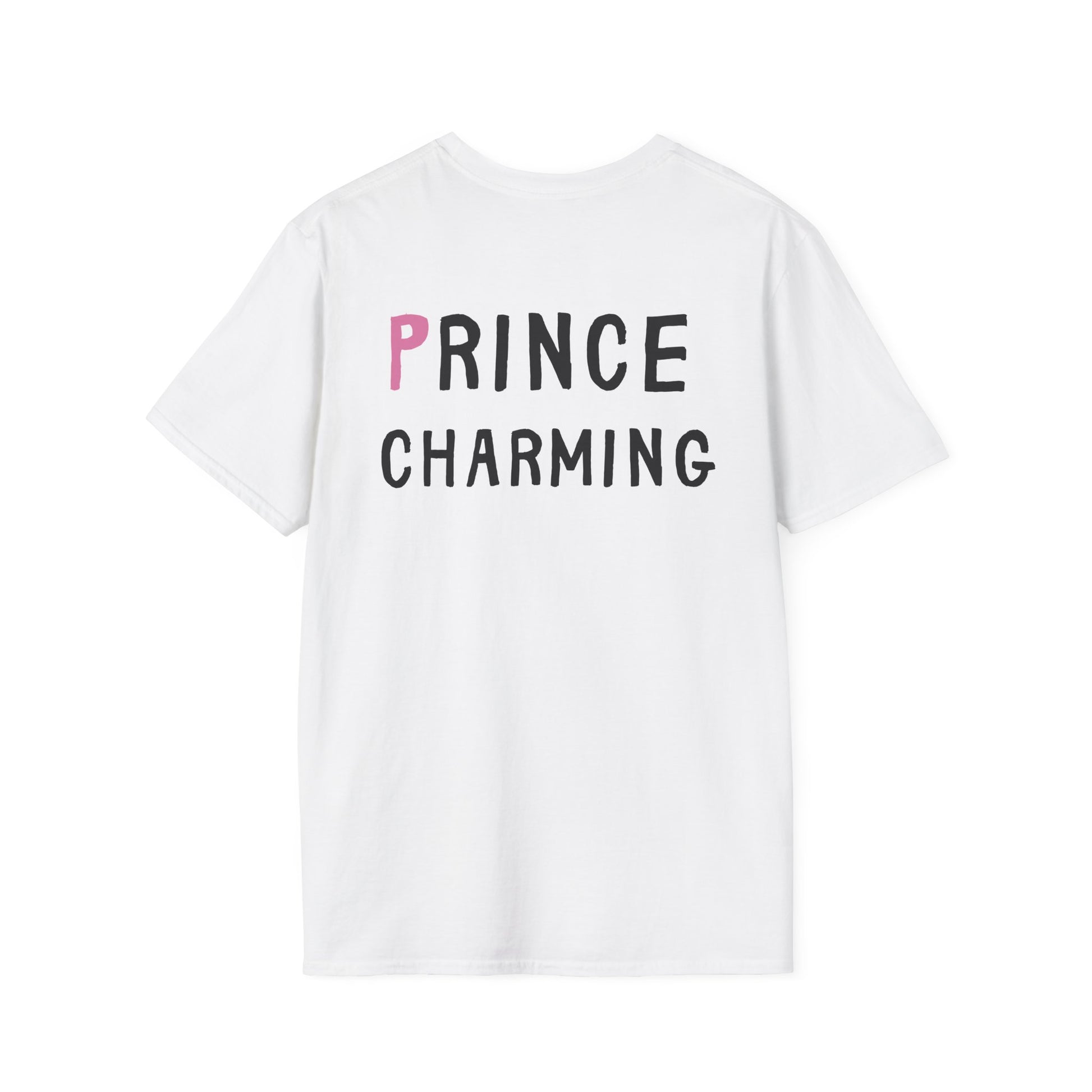 White t-shirt with 'PRINCE CHARMING' text on a white background