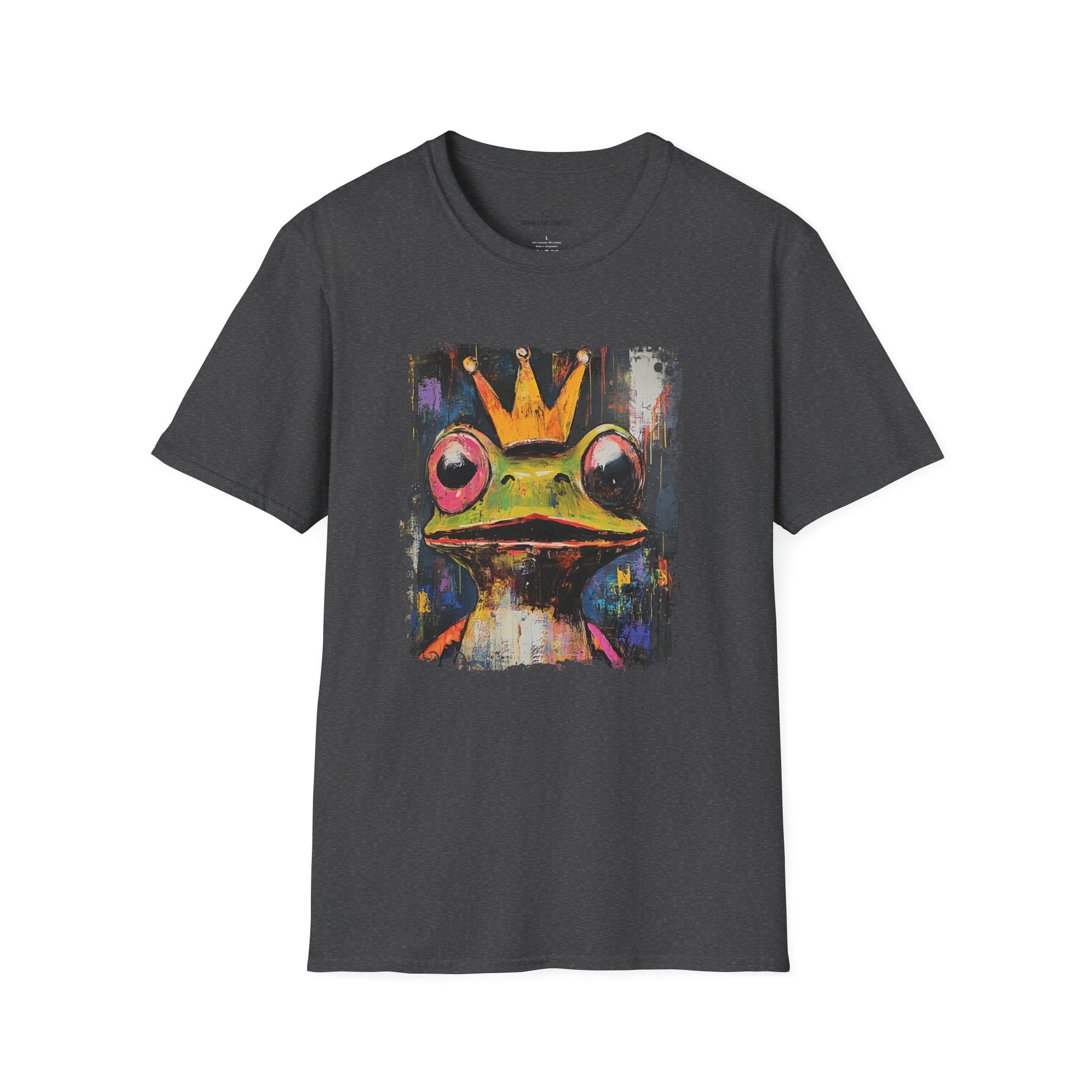Black t-shirt with a colorful frog graphic wearing a crown on a white background
