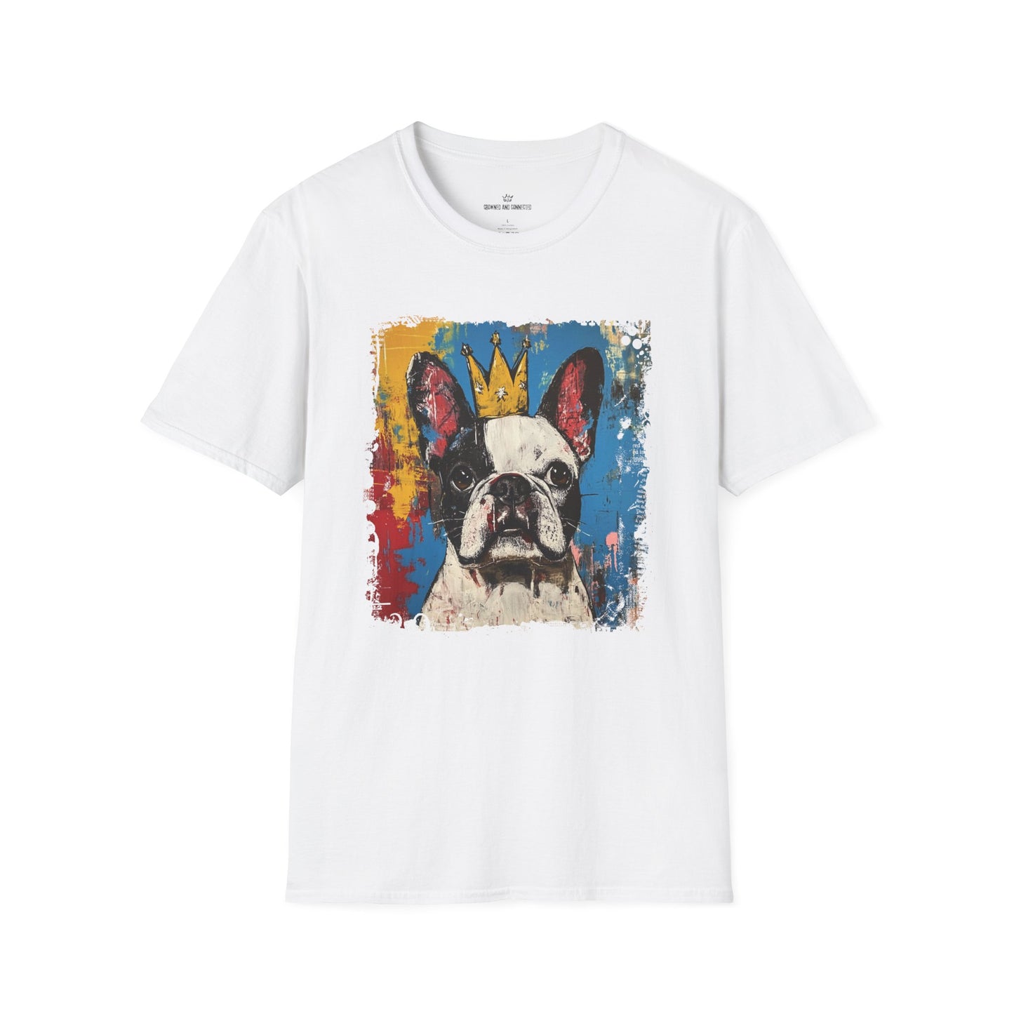 White t-shirt with a colorful French Bull dog graphic on a white background