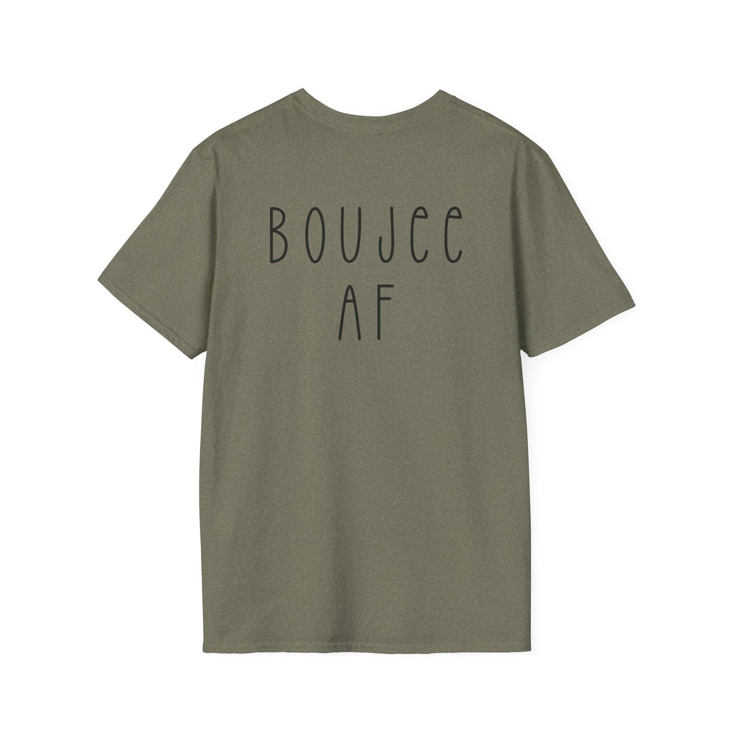 Green t-shirt with 'BOUJEE AF' text on the back against a white background