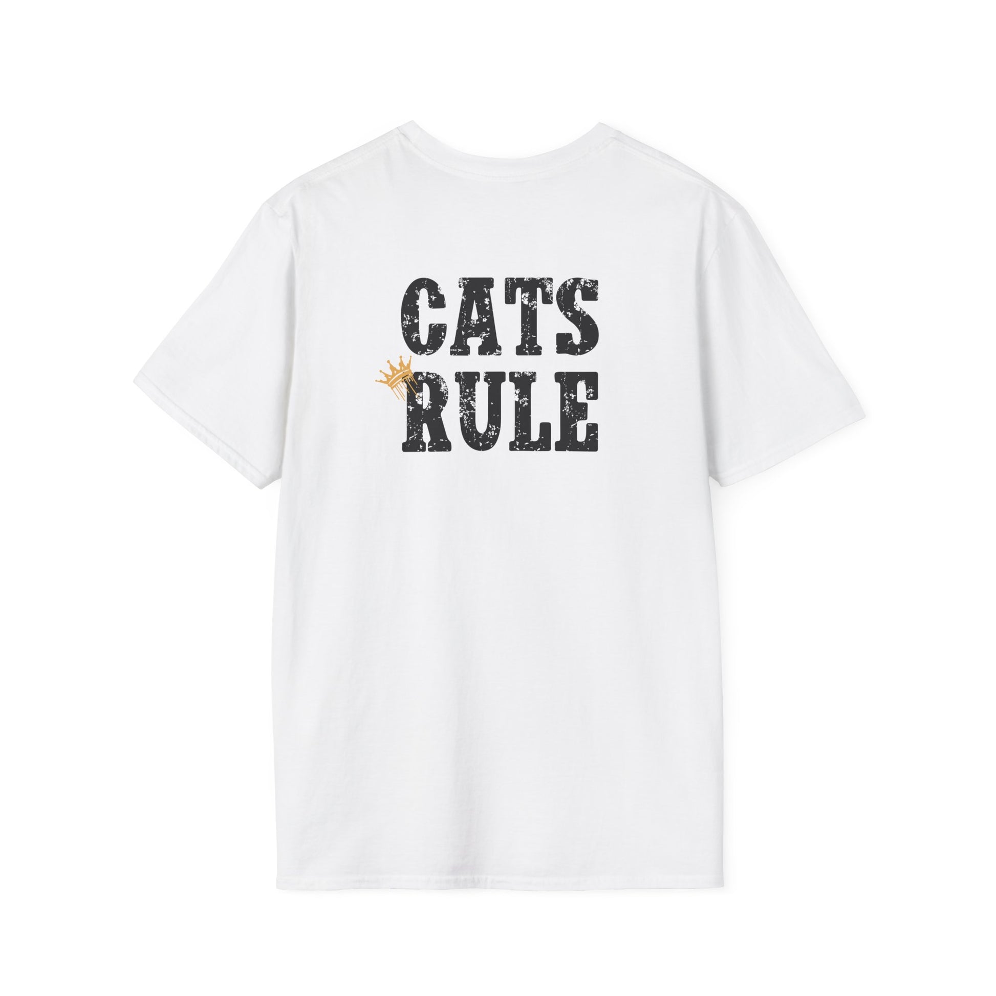 White t-shirt with 'CATS RULE' text on a white background