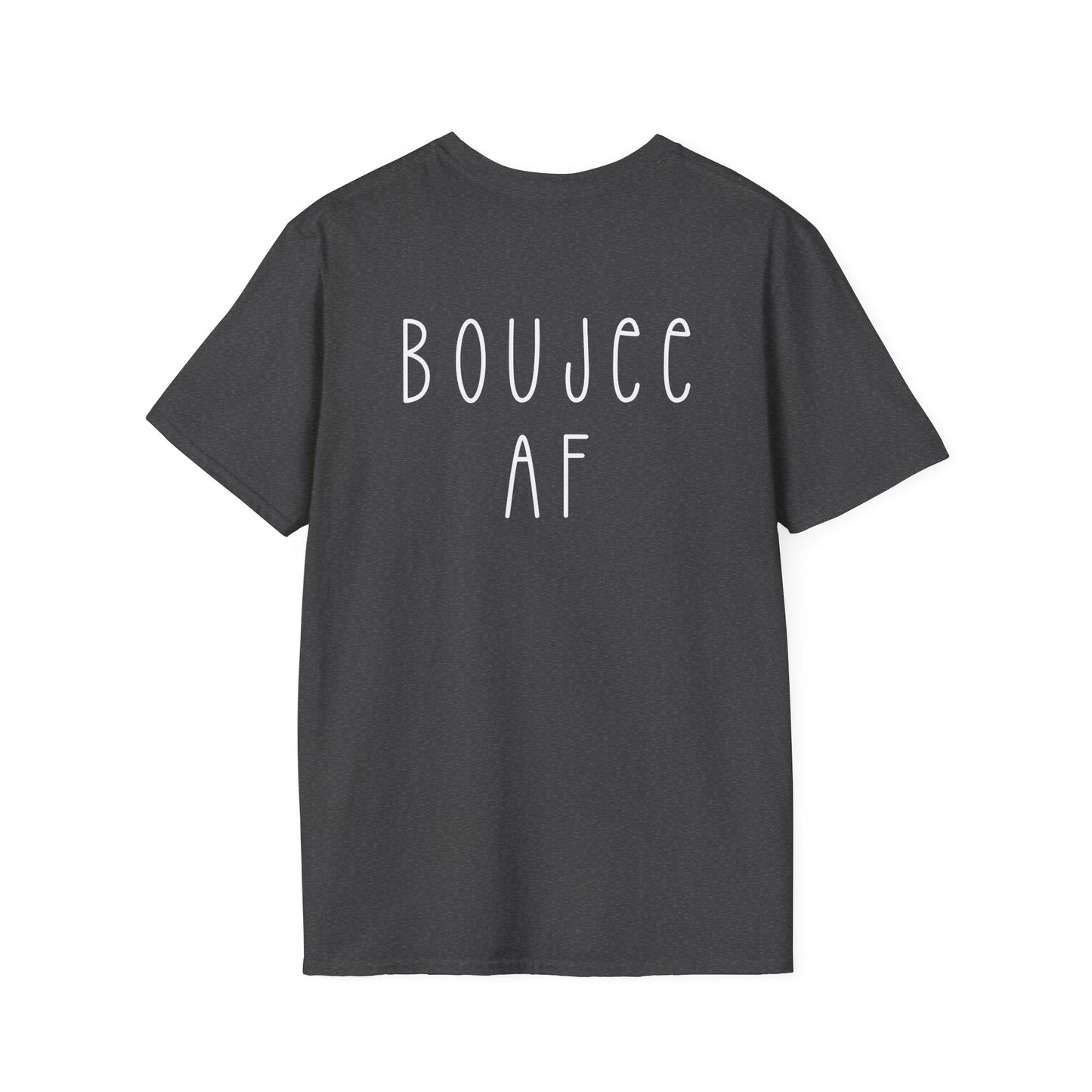 Black t-shirt with 'BOUJEE AF' text on the back against a white background