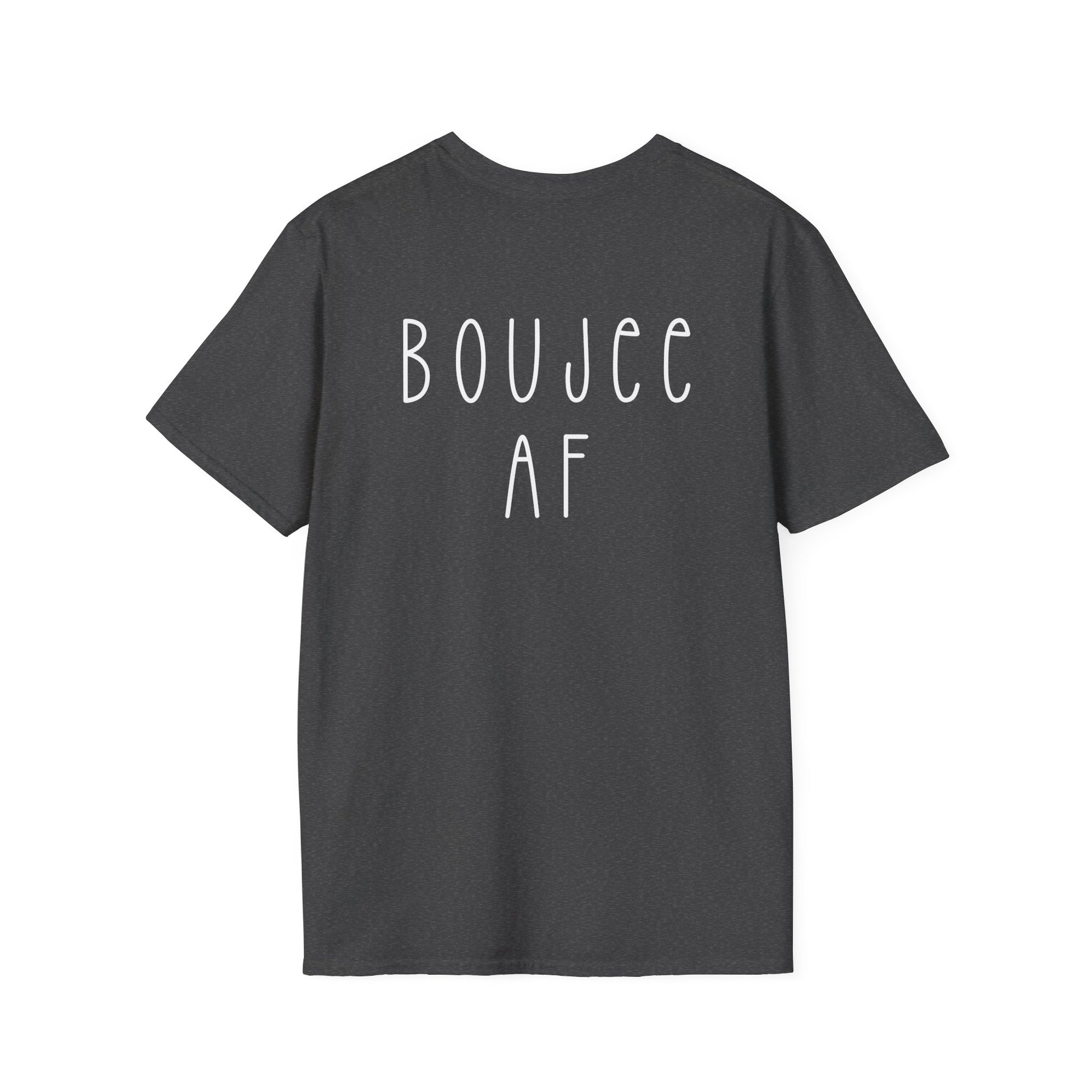 Black t-shirt with 'BOUJEE AF' text on the back against a white background