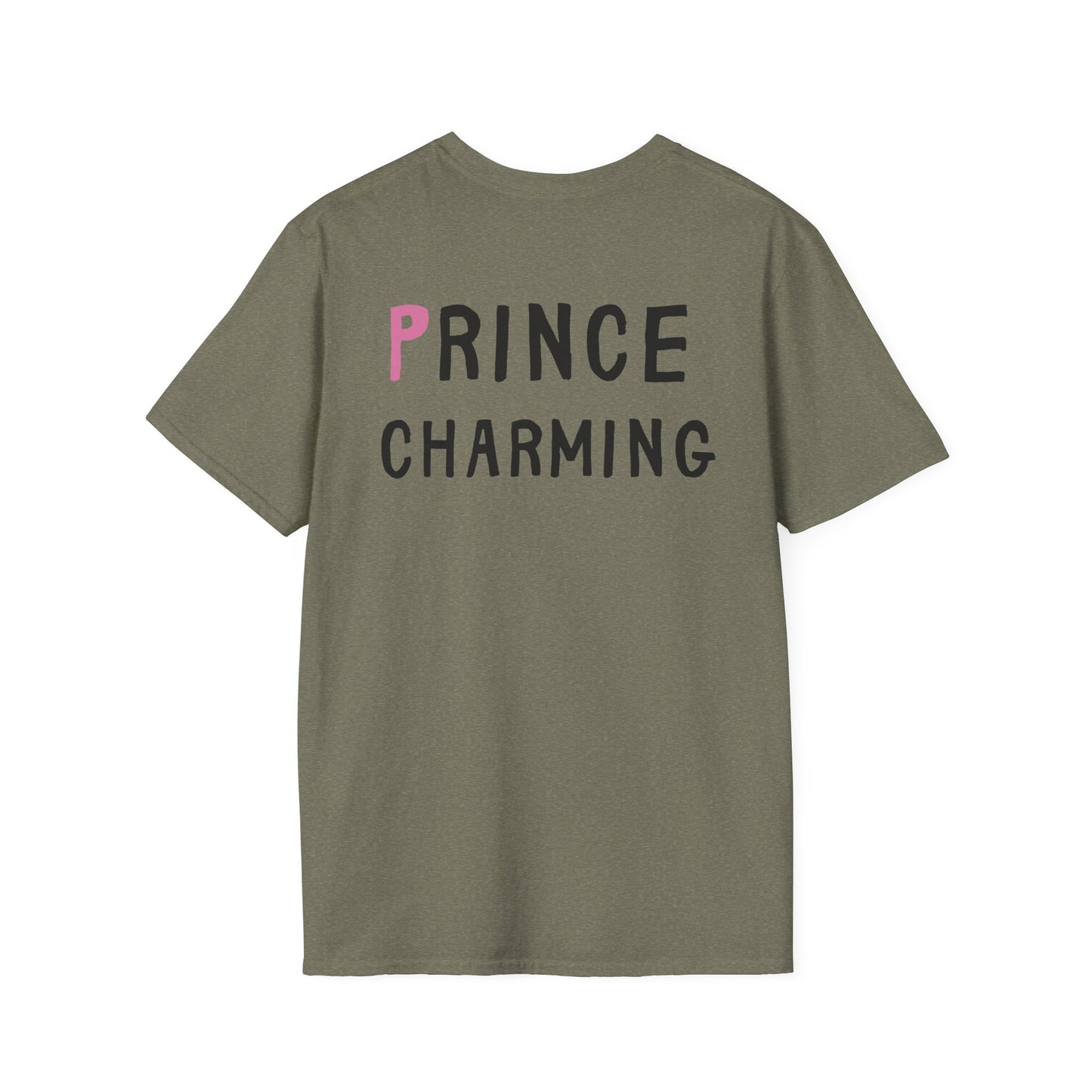 Green t-shirt with 'PRINCE CHARMING' text on the back against a white background