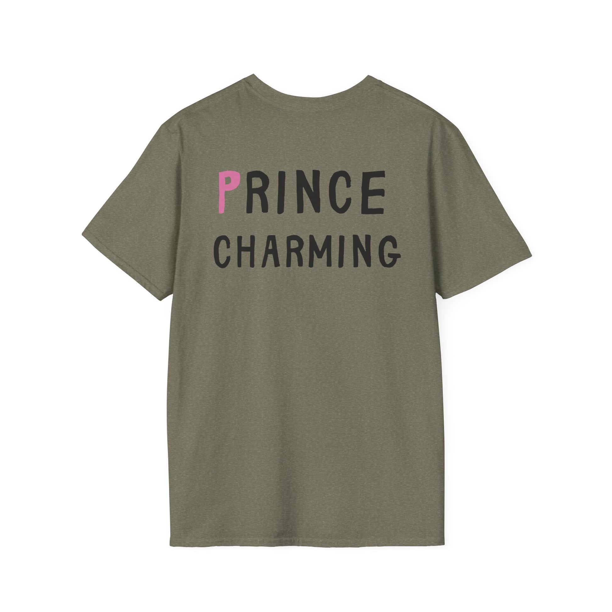 Green t-shirt with 'PRINCE CHARMING' text on the back against a white background