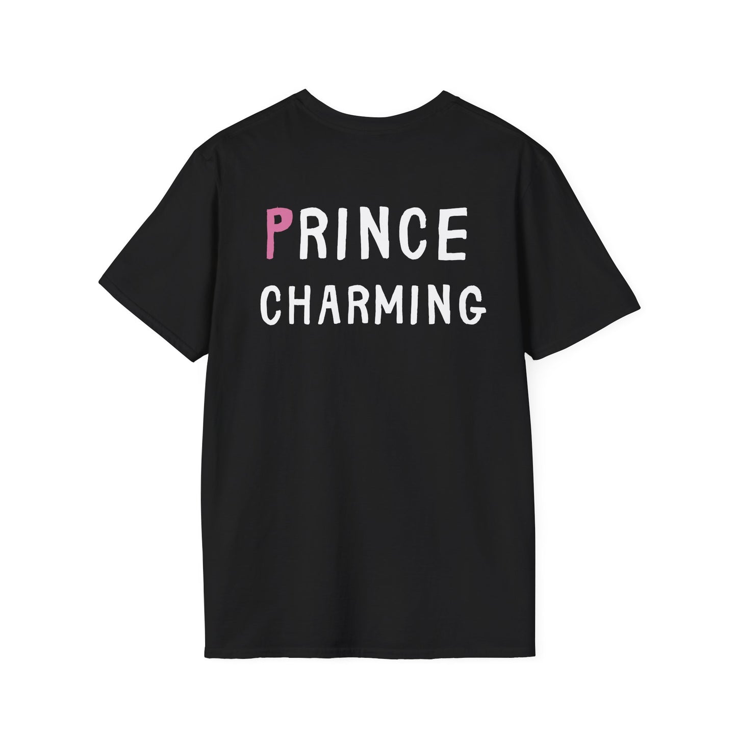 Black t-shirt with 'PRINCE CHARMING' text on a white background