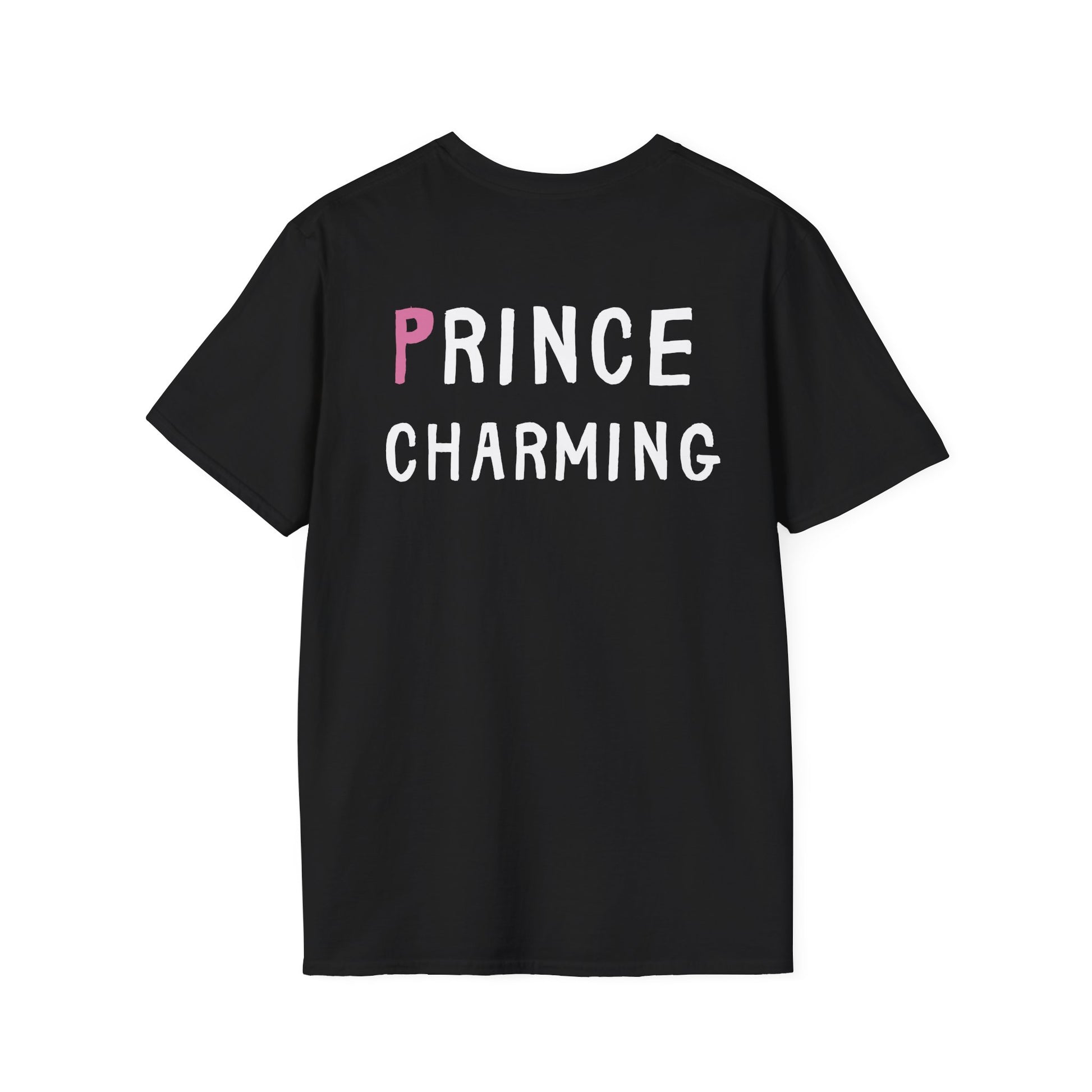 Black t-shirt with 'PRINCE CHARMING' text on a white background