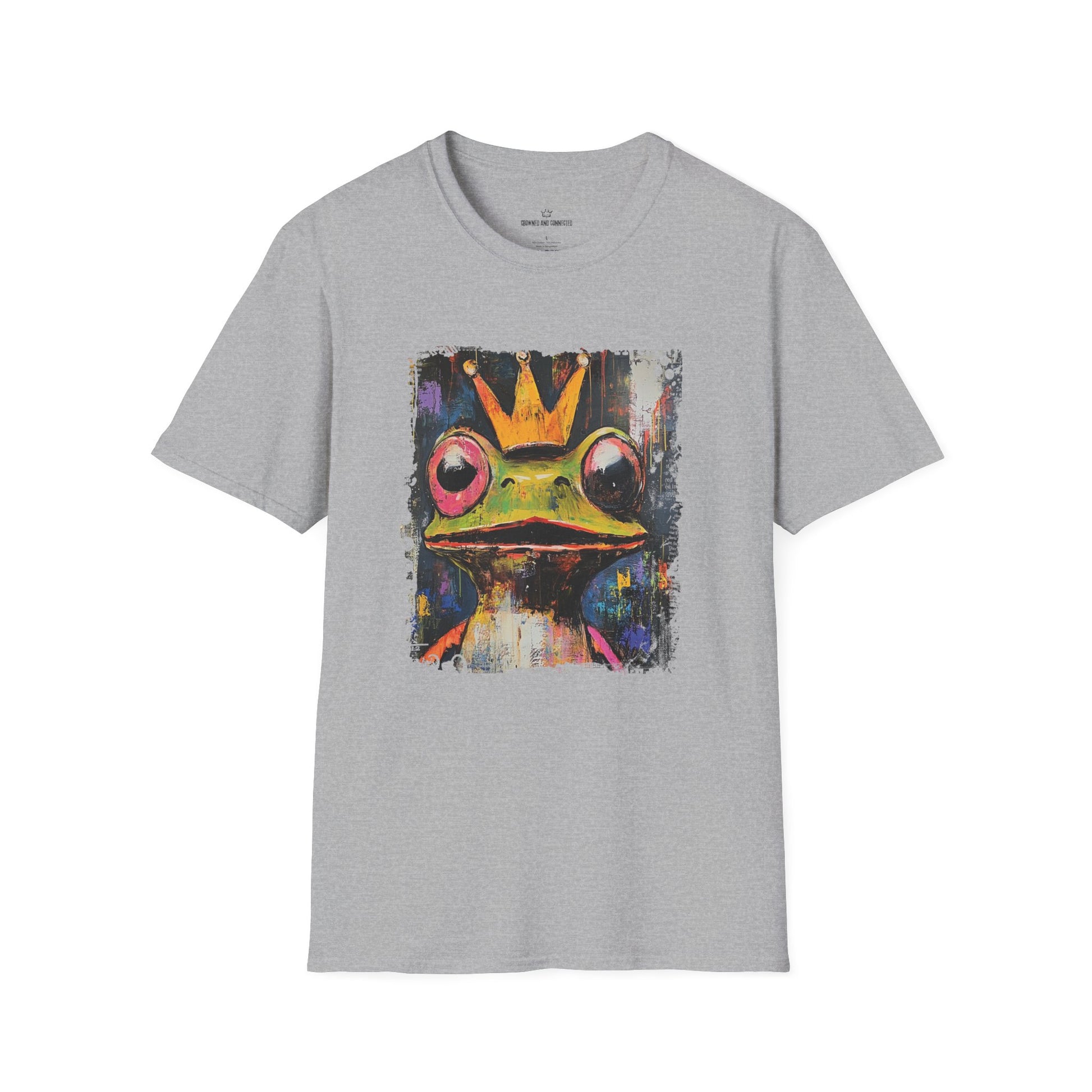 Gray t-shirt with a colorful frog graphic on a white background