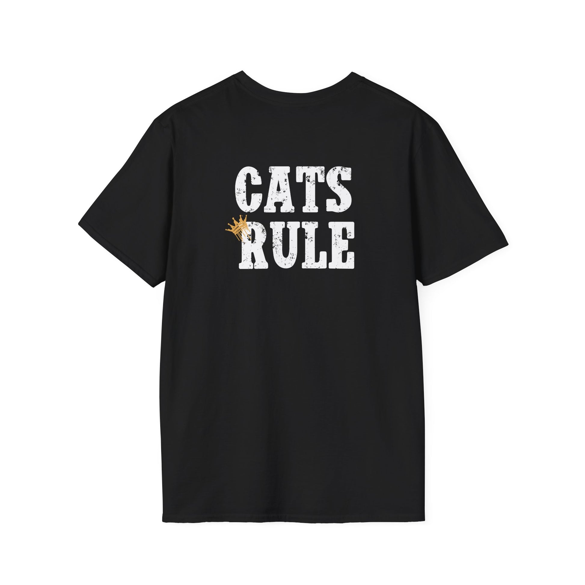 Black t-shirt with 'CATS RULE' text on a white background