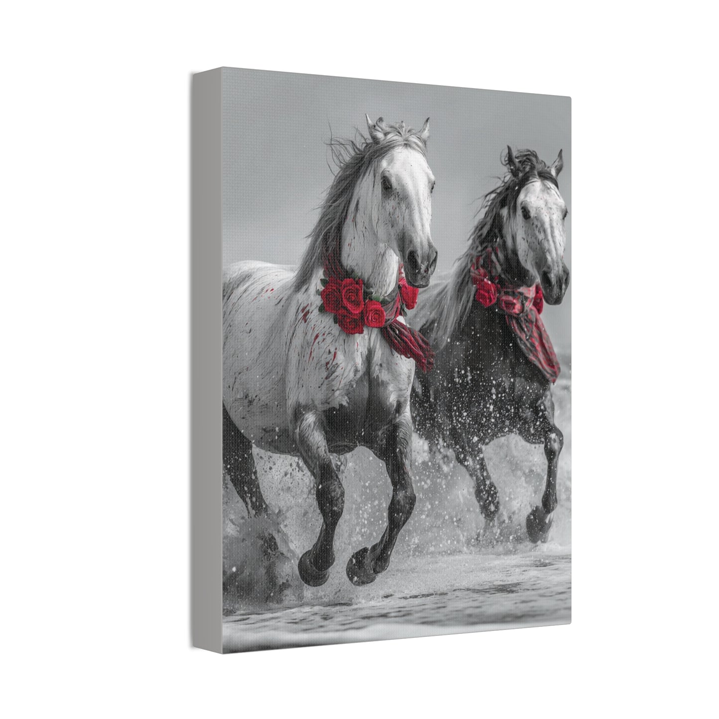 Crimson Tide Run-Running Horse Wall Art Print, Horse Pair Canvas, Floral Beach Horse Decor, Black and White Western Artwork