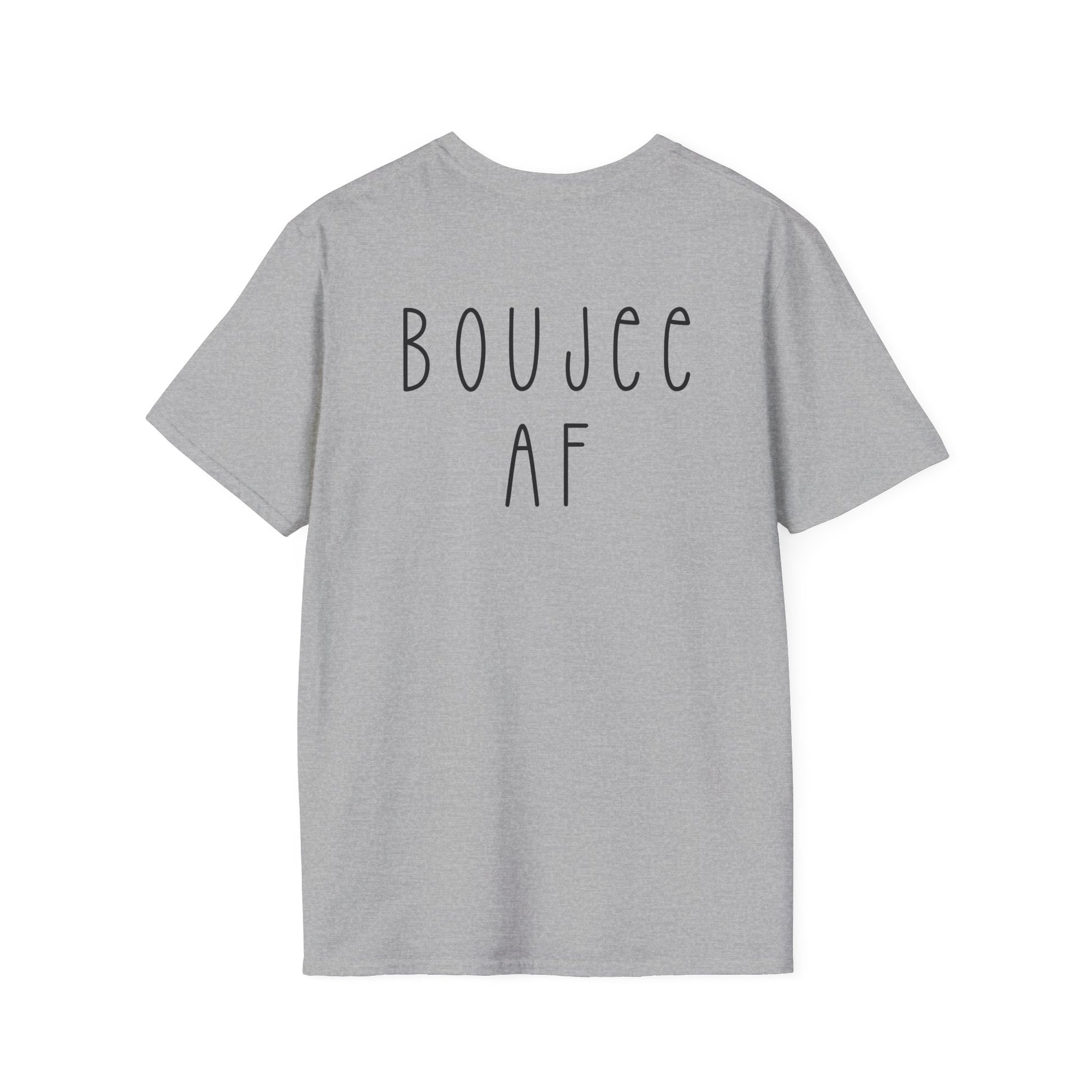 Gray t-shirt with 'BOUJEE AF' text on the back against a white background