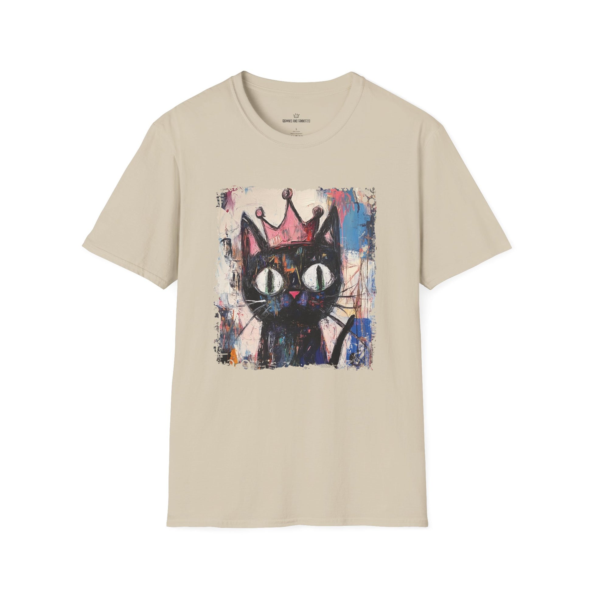 Beige t-shirt with a black cat wearing a crown graphic on a white background