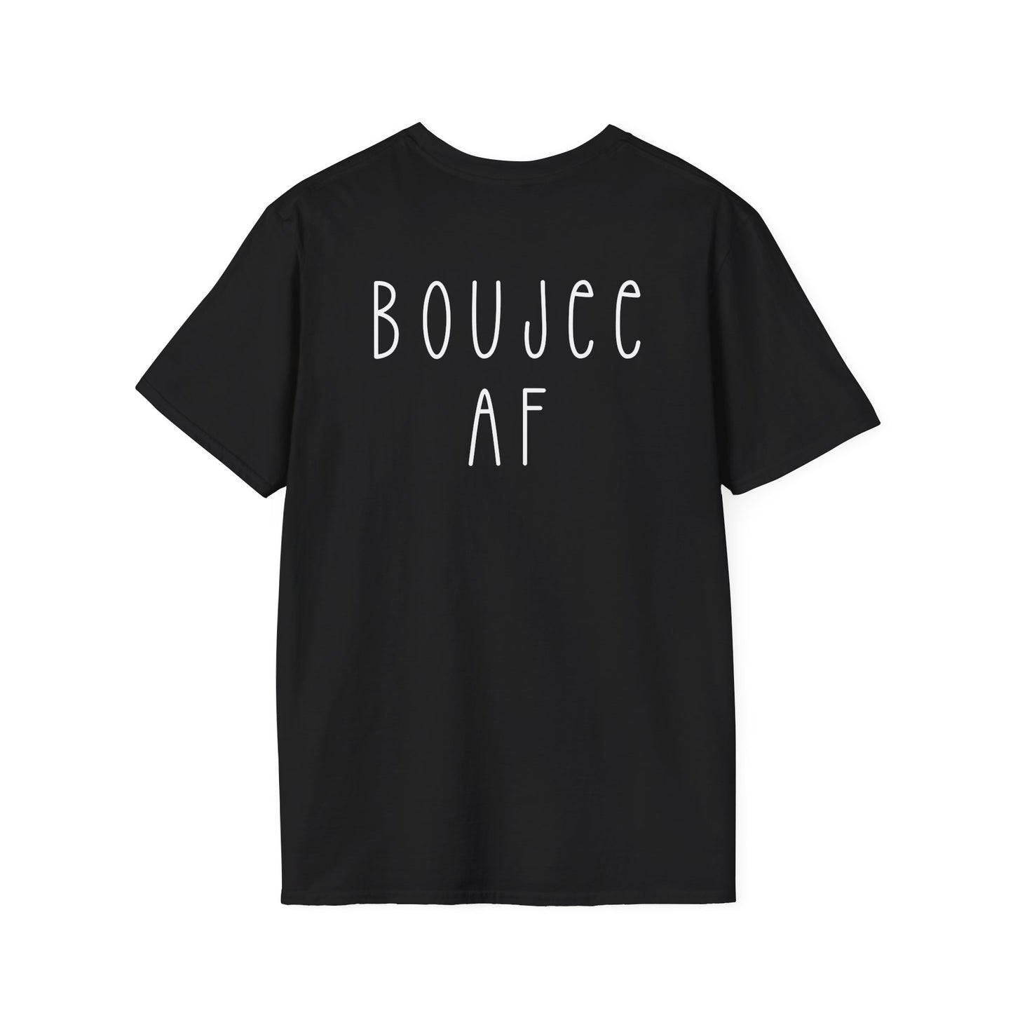 Black t-shirt with 'BOUJEE AF' text on a white background