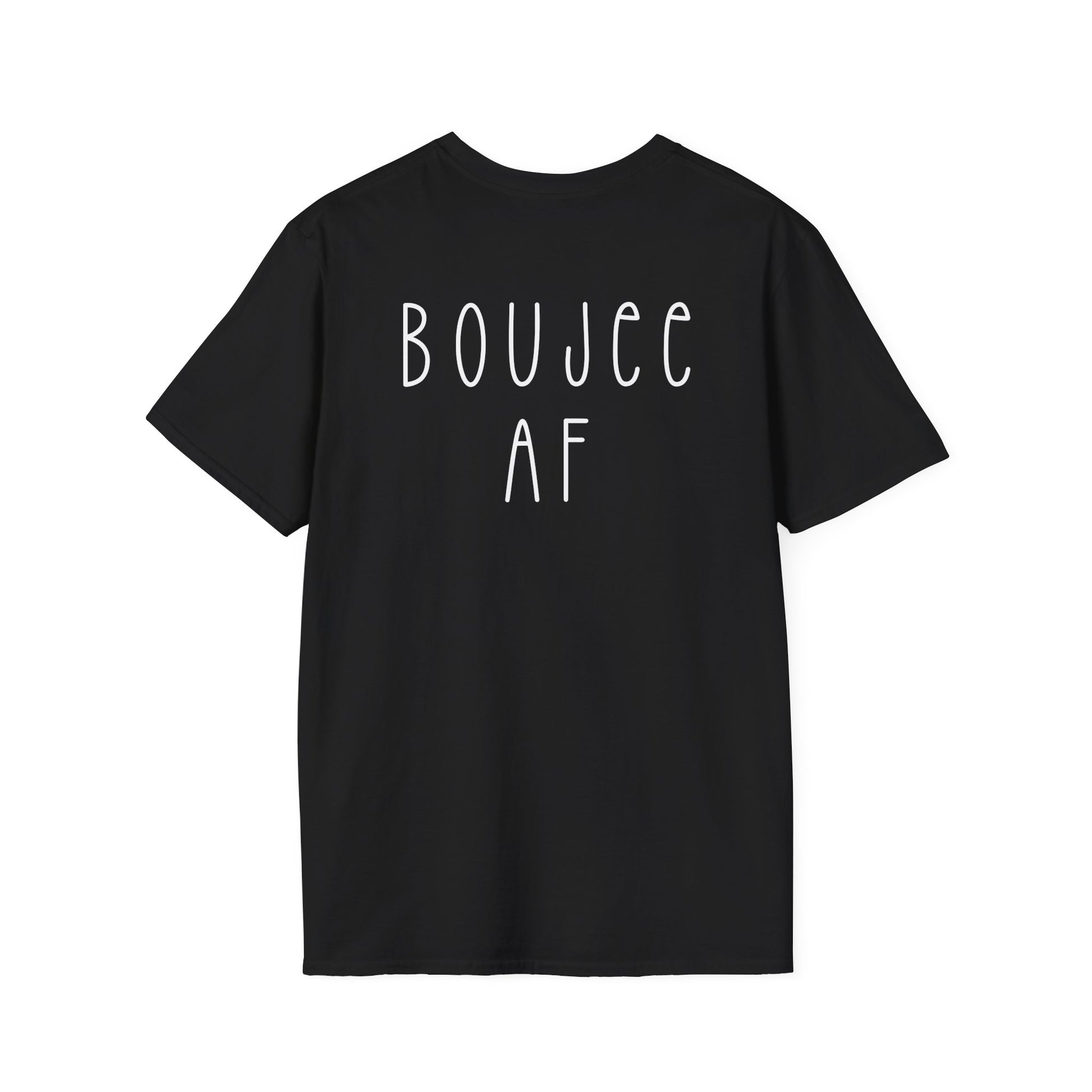 Black t-shirt with 'BOUJEE AF' text on a white background