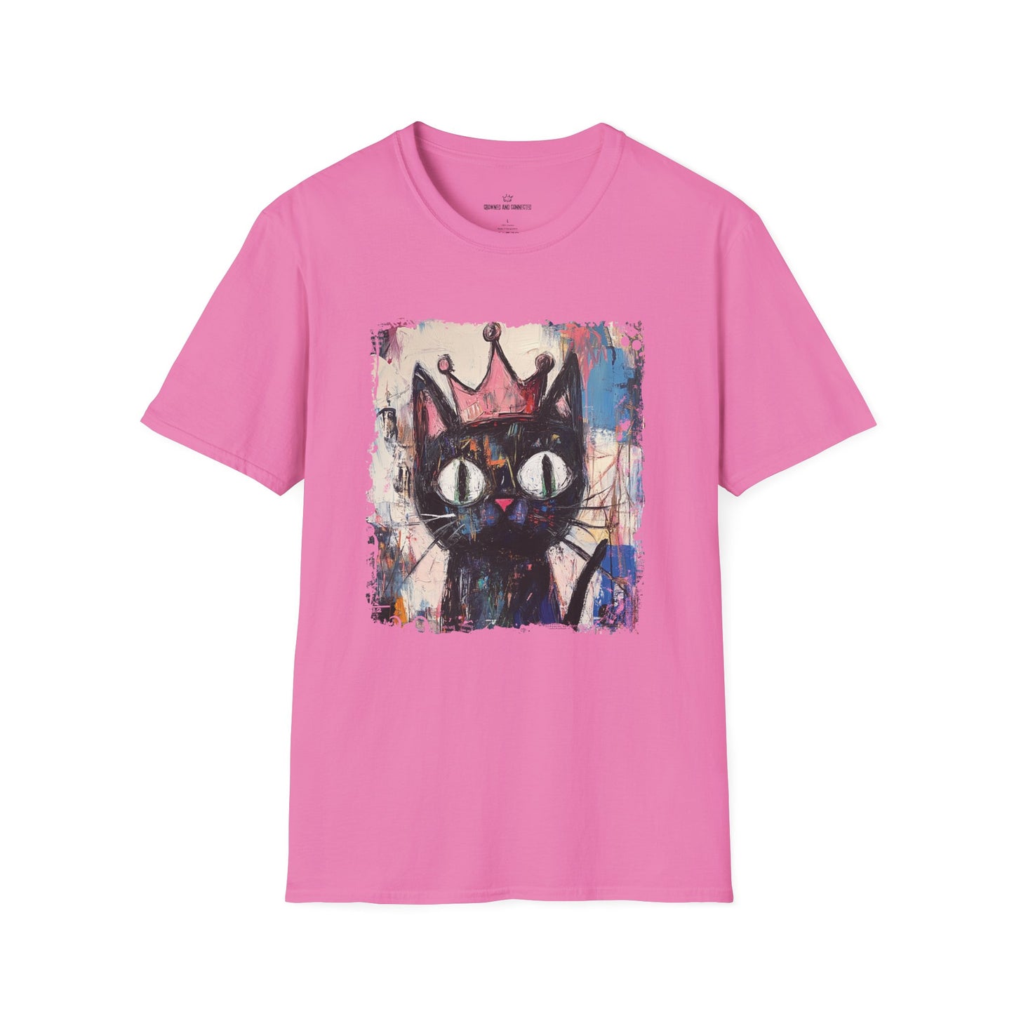 Pink t-shirt with a black cat wearing a crown graphic on a white background