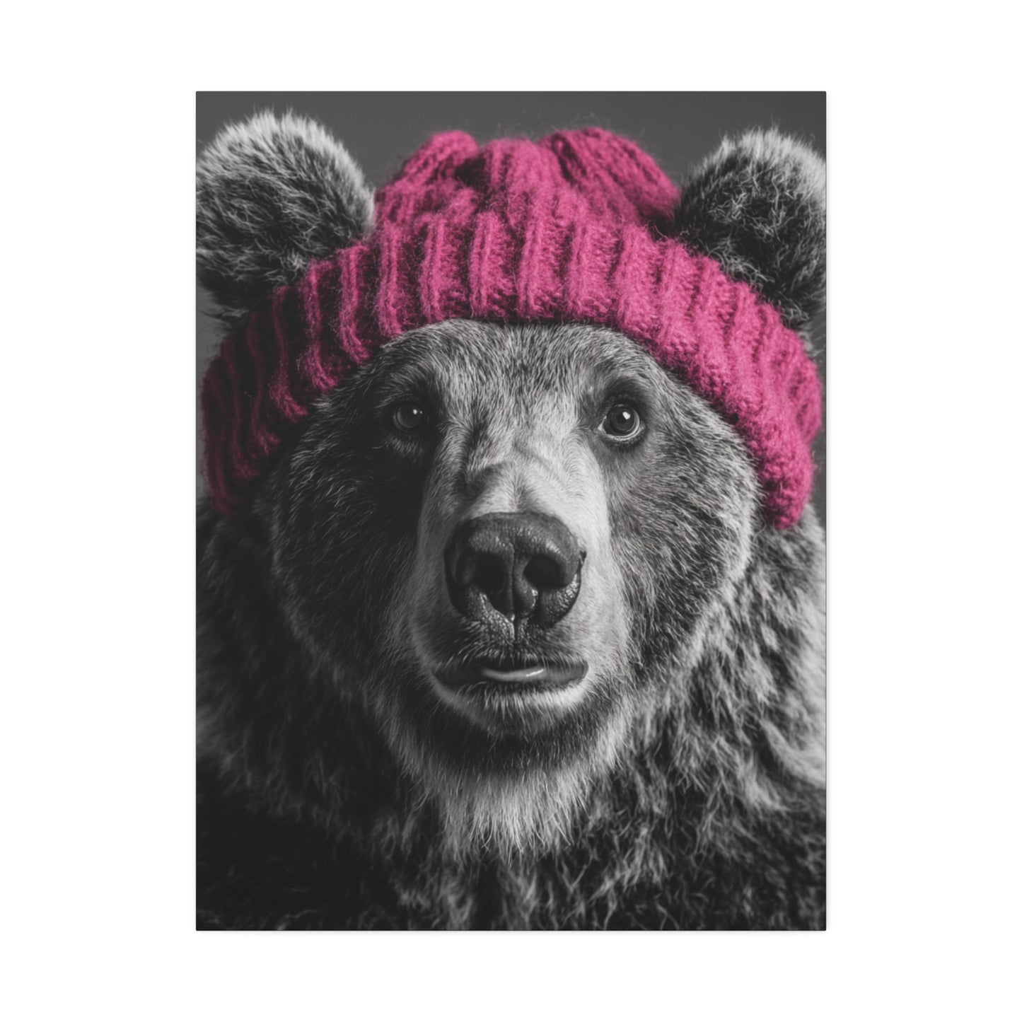 Beanie Bear-Cute Bear Wall Art Print, Bear in Pink Beanie Canvas, Woodland Animal Decor, Rustic Cabin Artwork