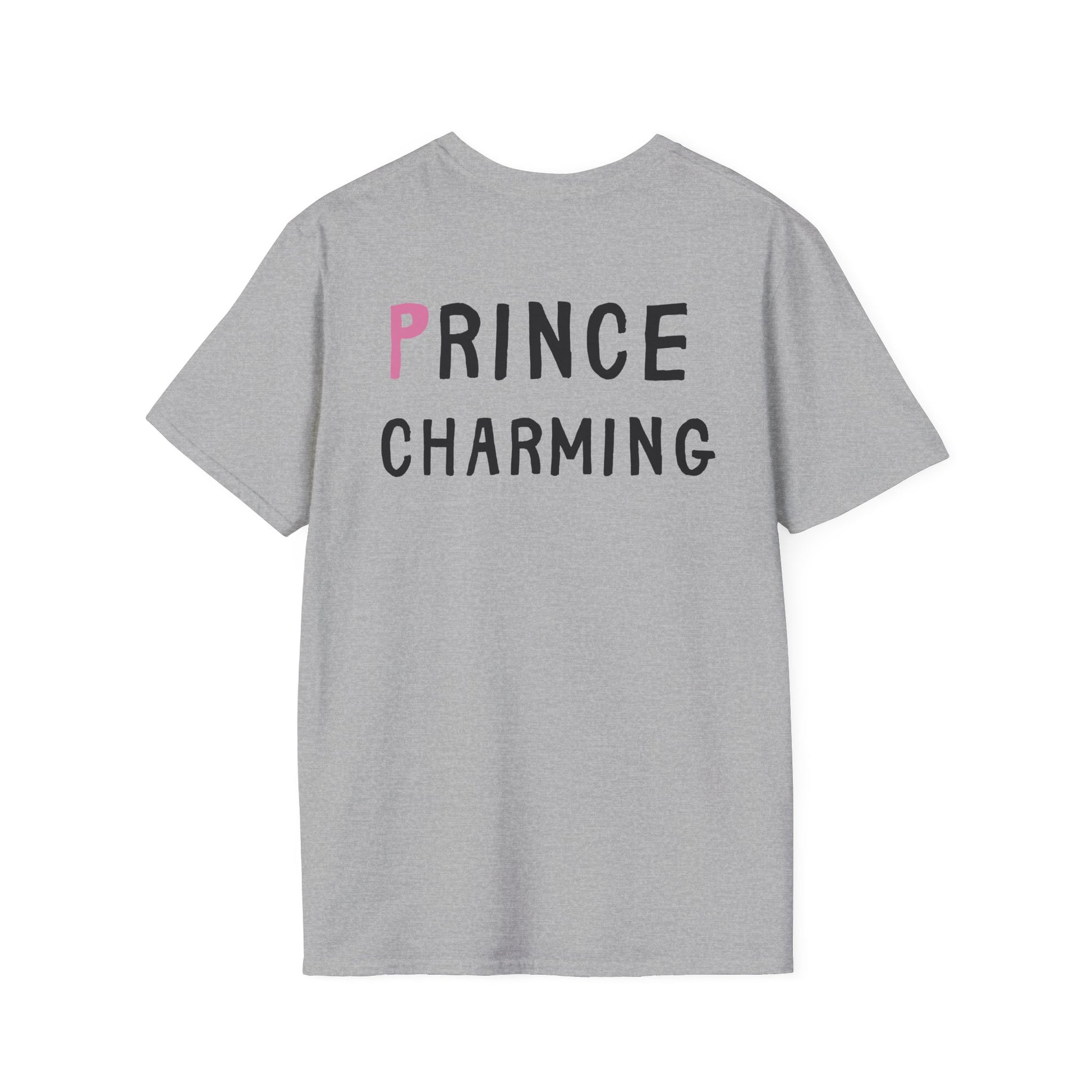 Gray t-shirt with 'PRINCE CHARMING' text on the back, pink letter 'P'.