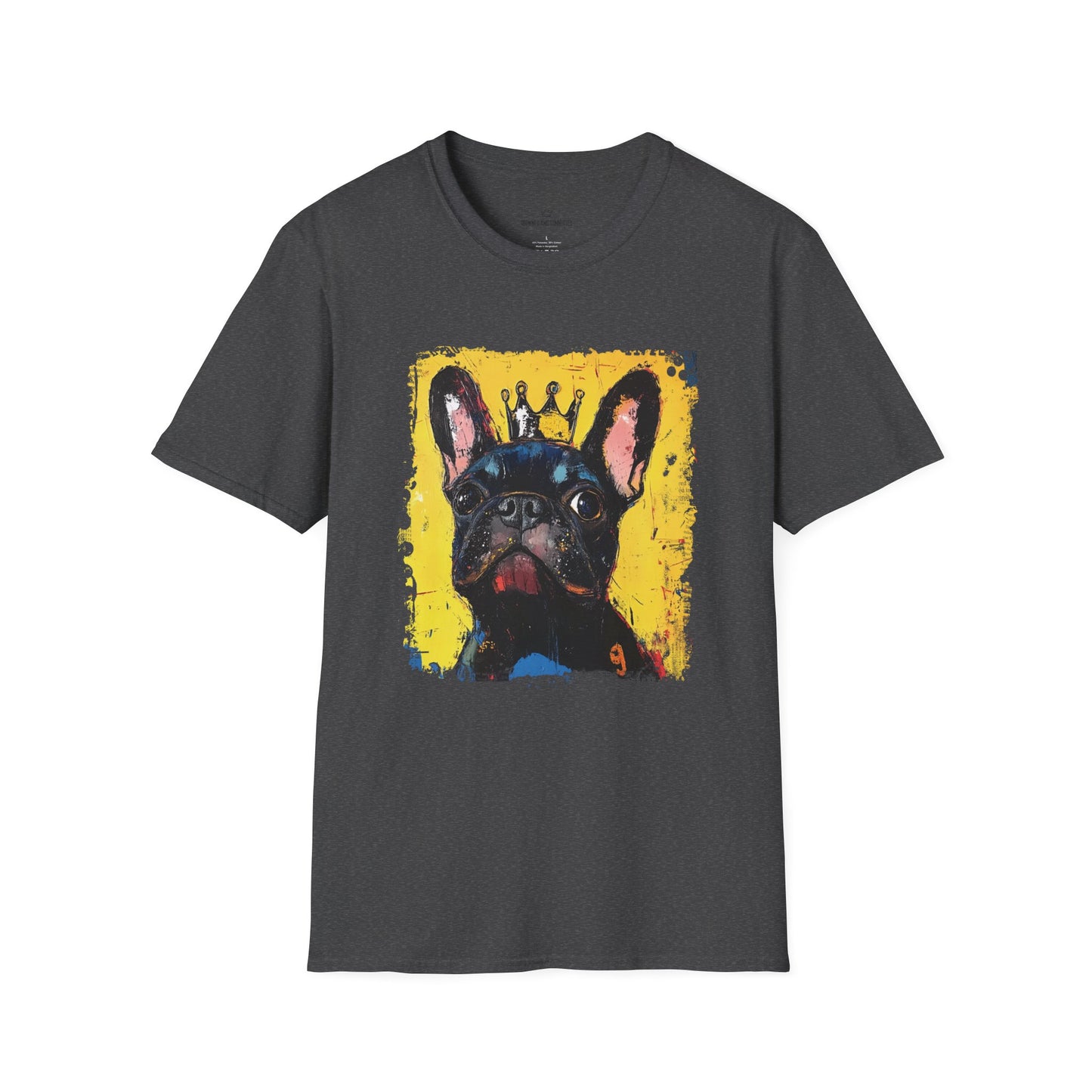 Black t-shirt with a colorful French Bulldog graphic on a white background