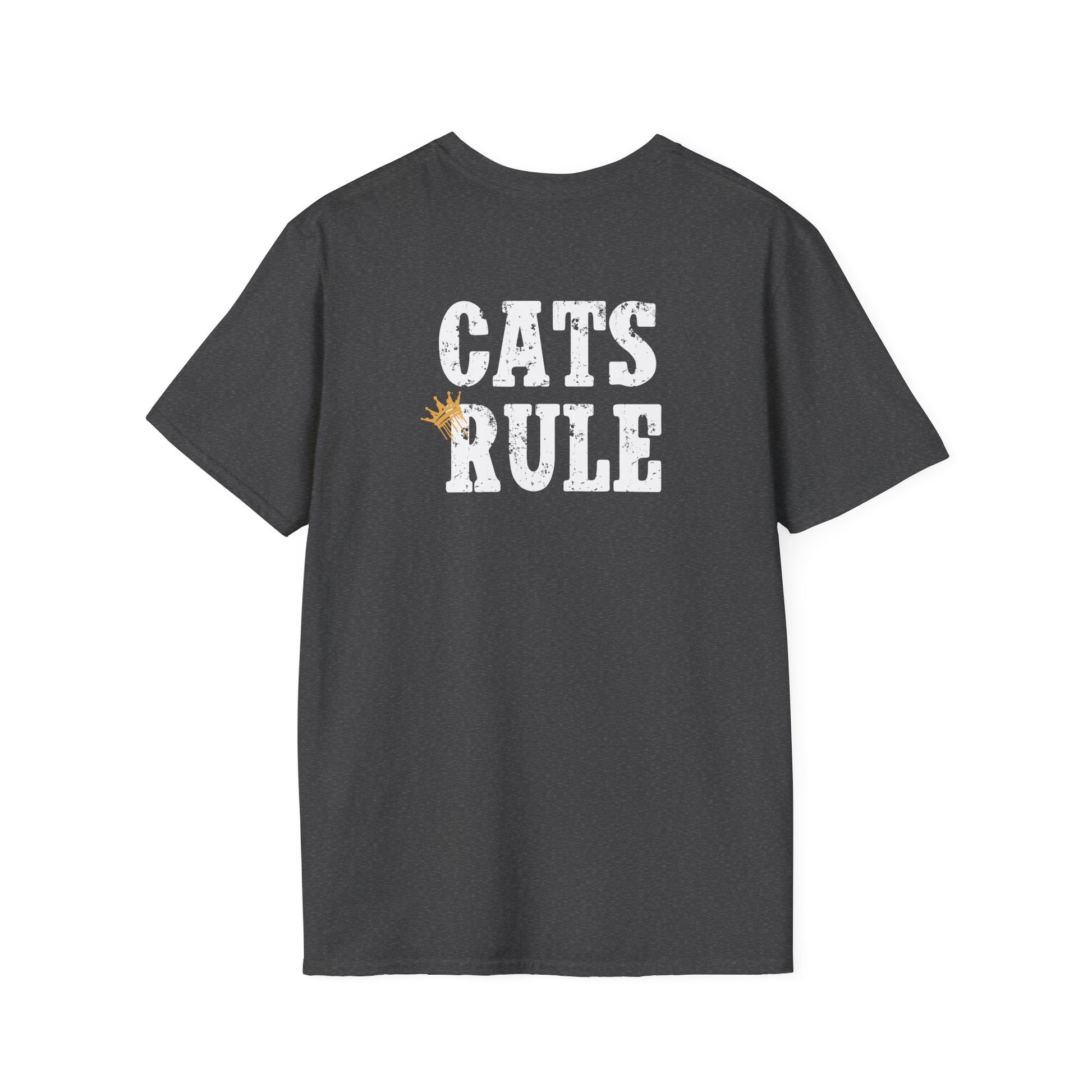 Black t-shirt with 'CATS RULE' text on a white background