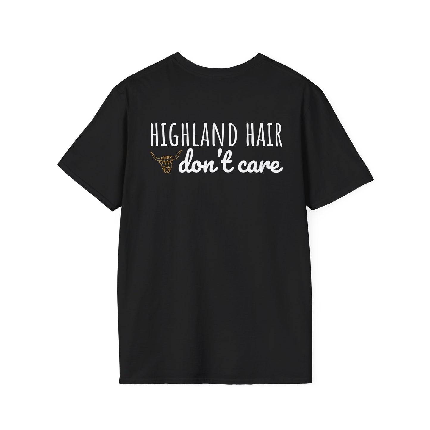 Black t-shirt with 'Highland Hair don't care' text on a white background