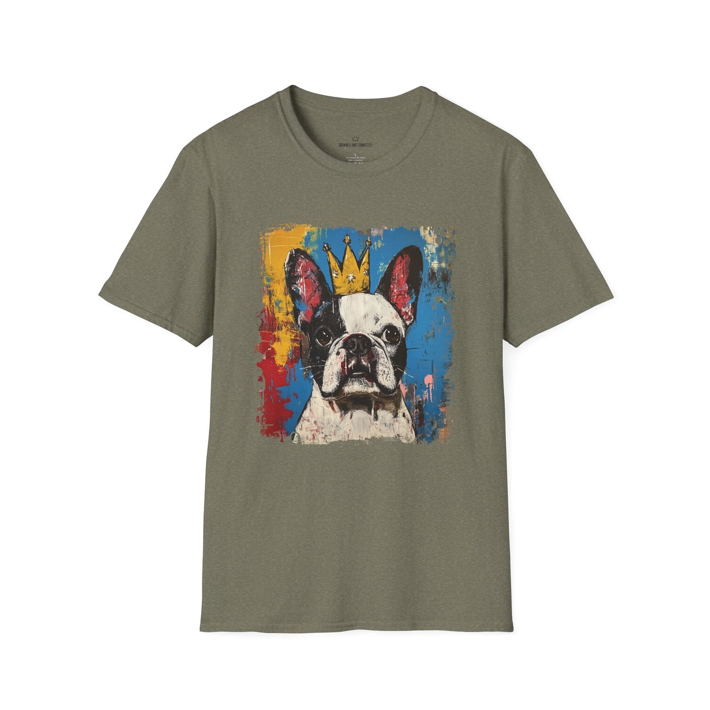 Green t-shirt with a colorful French Bulldog graphic on a white background