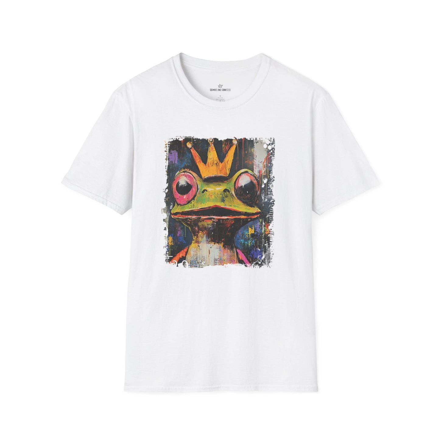 White t-shirt with a colorful frog graphic on a white background