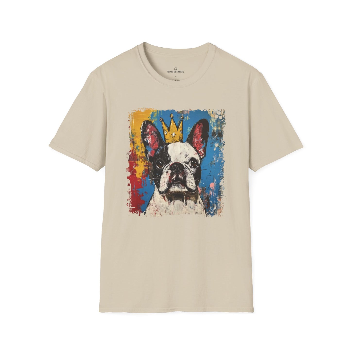 Beige t-shirt with a colorful French Bulldog graphic on a white background