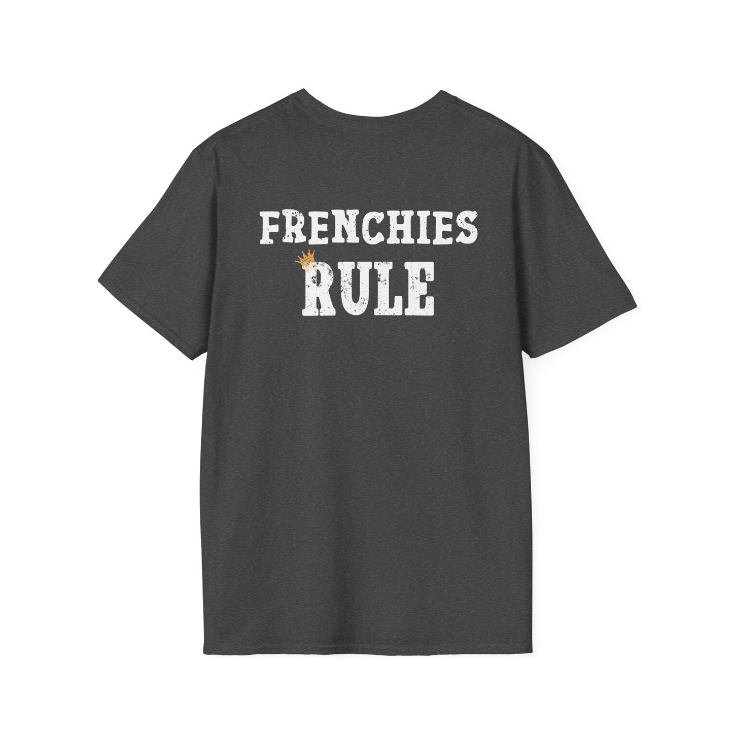 Black t-shirt with 'FRENCHIES RULE' text on a white background