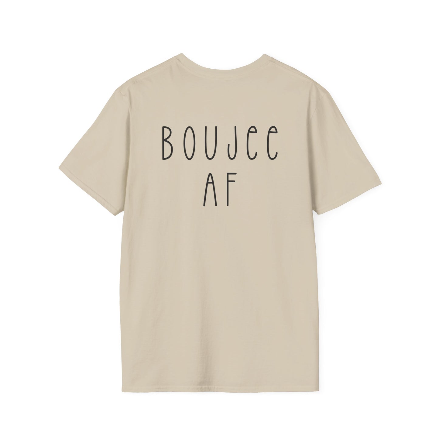 Beige t-shirt with 'BOUJEE AF' text on the back against a white background