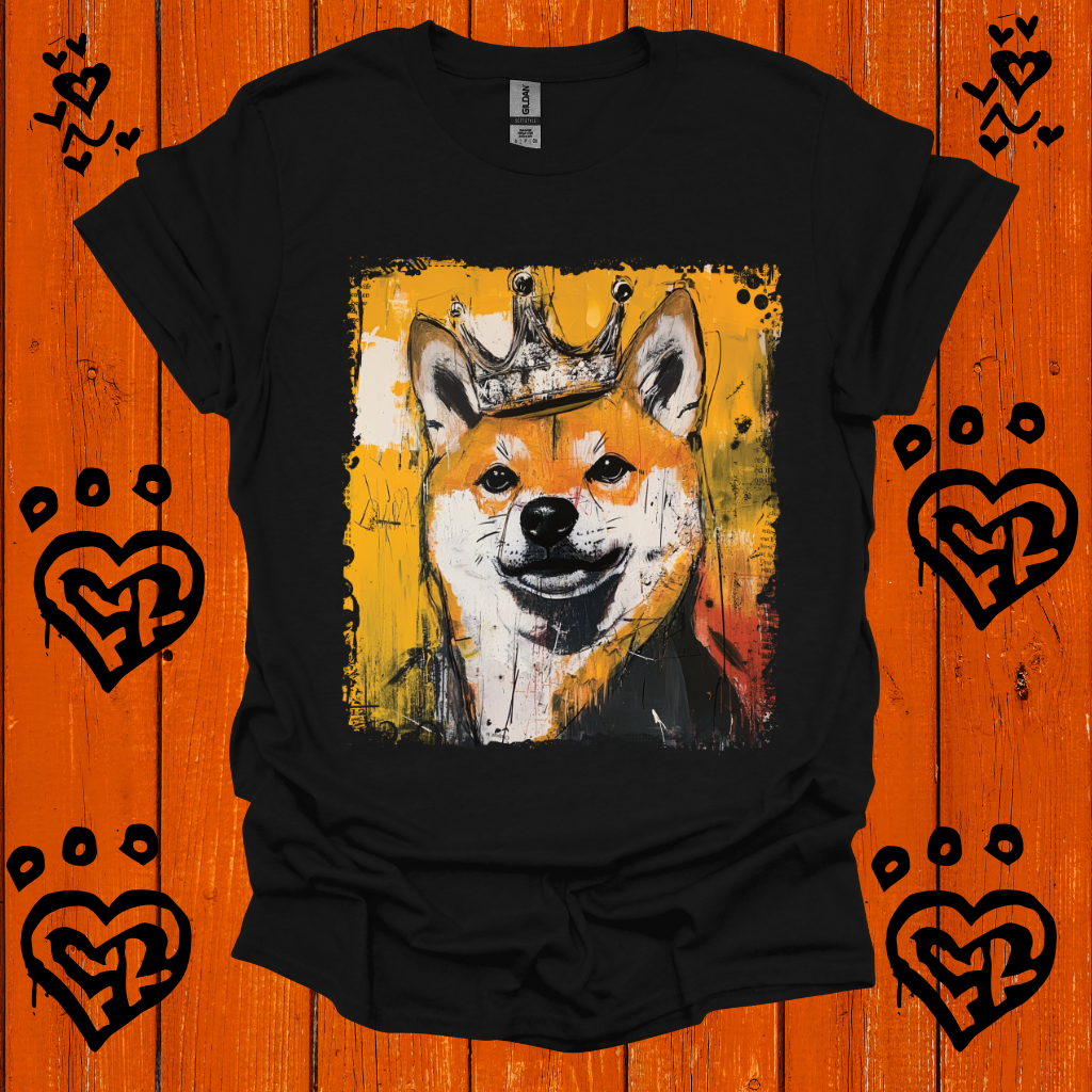 Black t-shirt with a sHIBA iNU wearing a crown graphic on an orange background with heart designs.