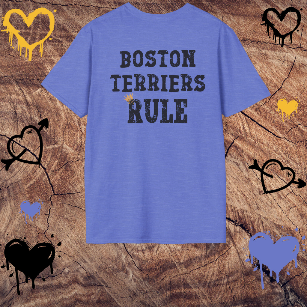 Blue t-shirt with 'Boston Terriers Rule' text on a wooden background with heart designs.