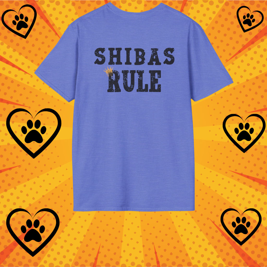 Blue t-shirt with 'SHIBAS RULE' text on a yellow background with heart and paw print designs.