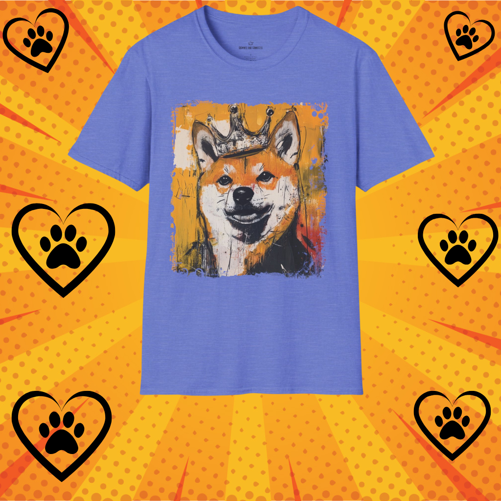 Blue t-shirt with a Shiba Inu dog graphic on a yellow background with heart and paw prints