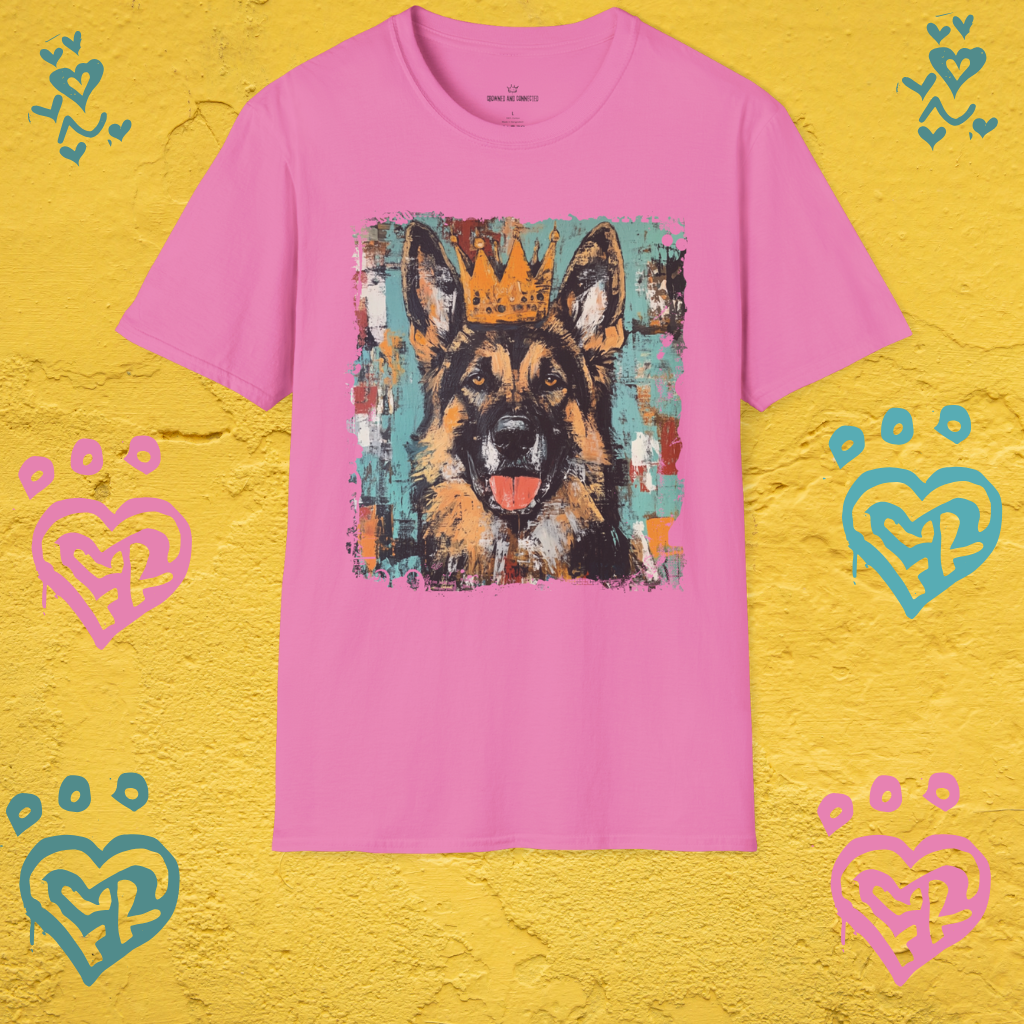 Pink t-shirt with a german shepherd wearing a crown graphic on a yellow background with heart designs.
