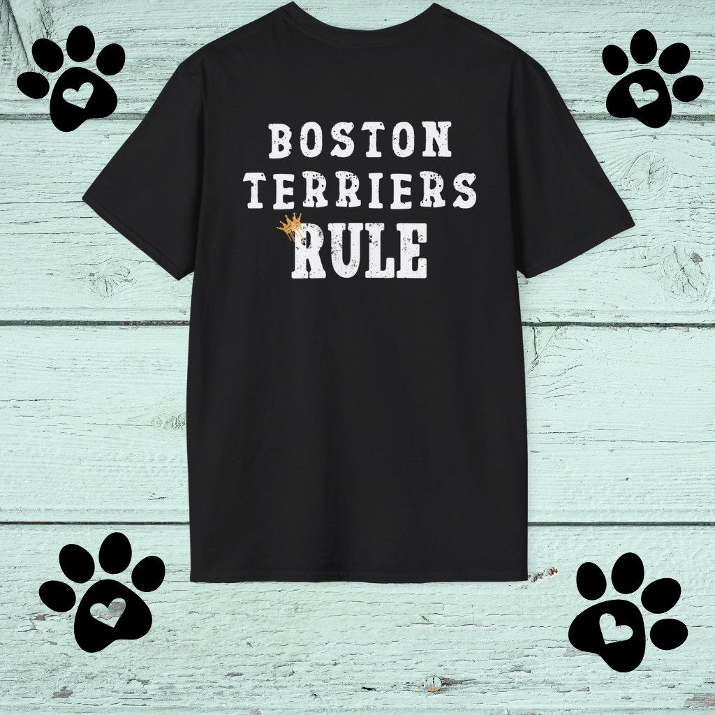 Black t-shirt with 'Boston Terriers Rule' text on a light blue wooden background with paw prints.