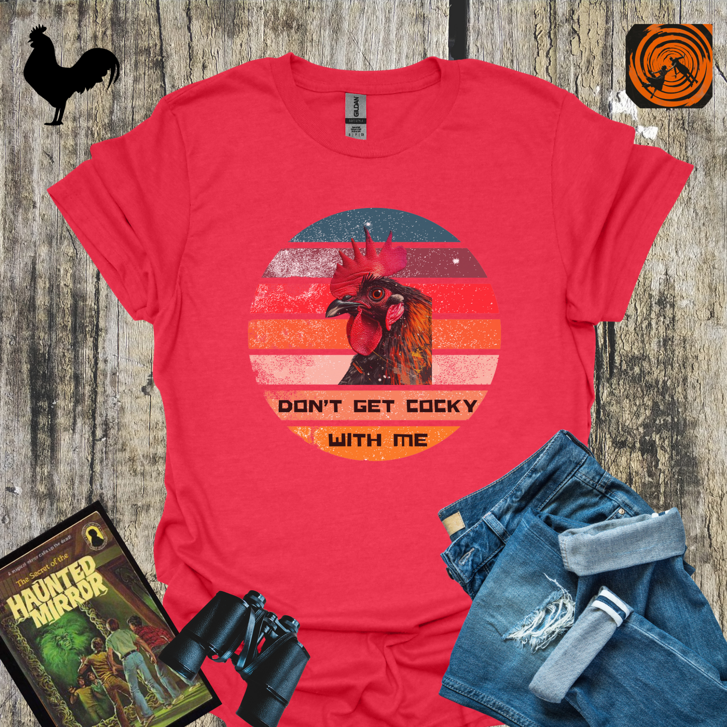 Don't Get Cocky With Me Rooster TShirt Funny Hitchcock Inspired Tee animal pun retro graphic farm and chicken lover gift