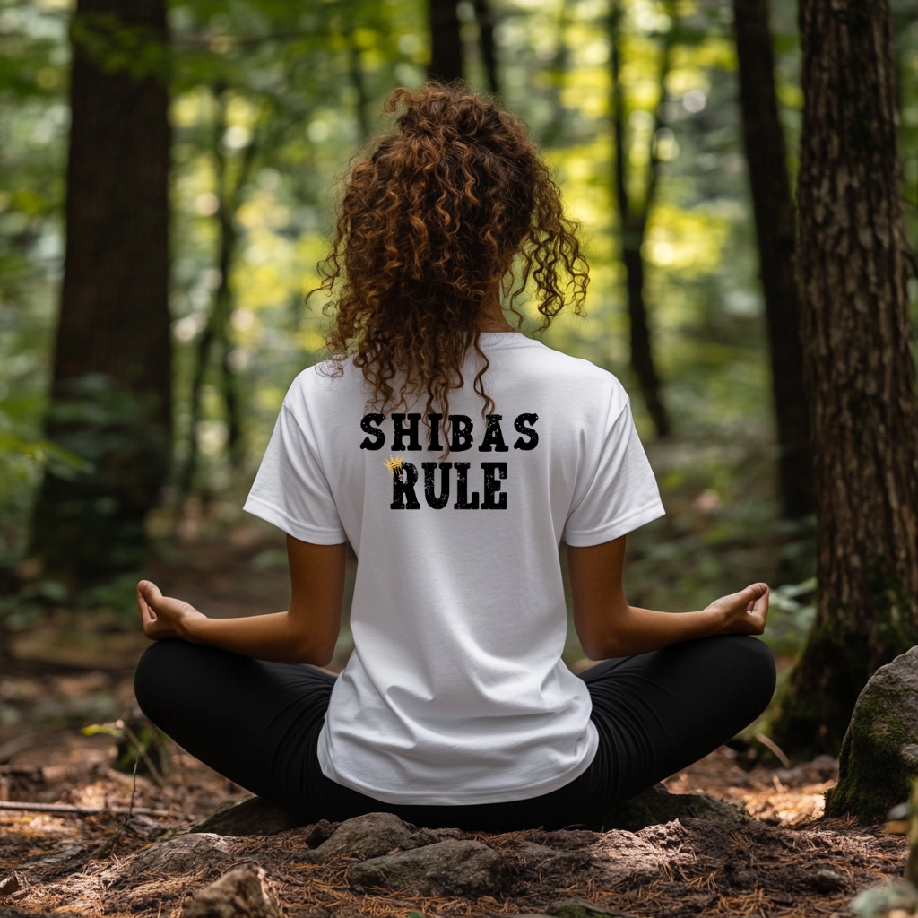 Person sitting in a meditative pose in a forest wearing a white t-shirt with 'SHIBAS RULE' text.