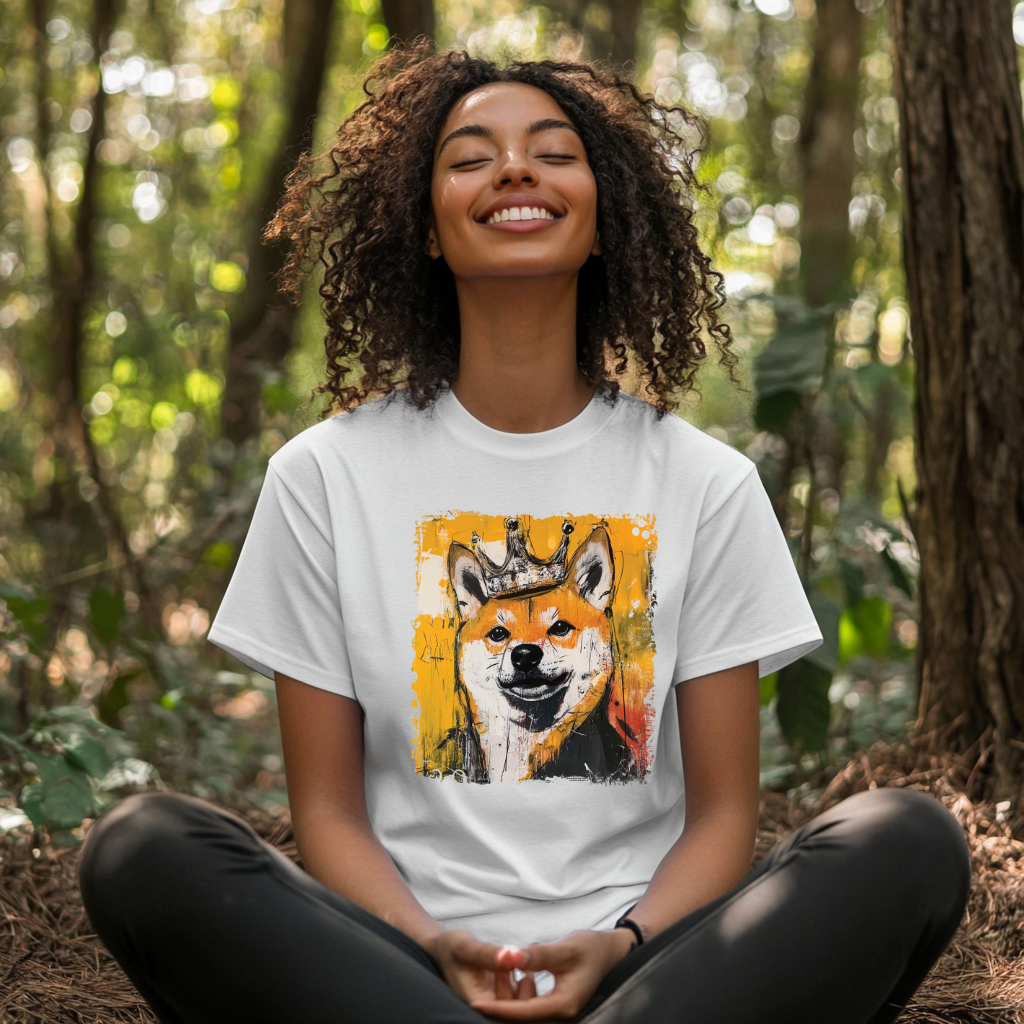 Person wearing a white t-shirt with a Shiba Inu dog graphic in a forest setting