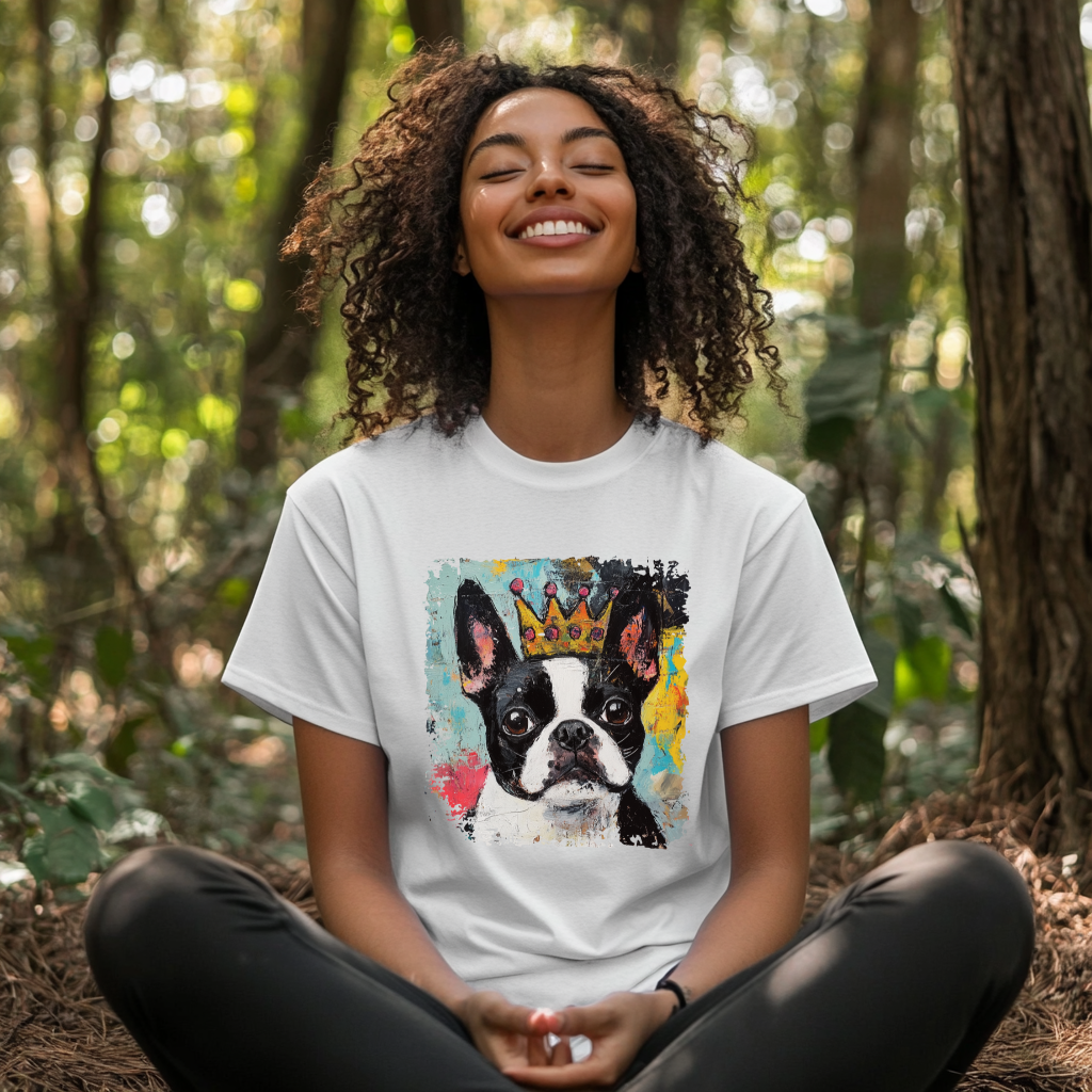 Person wearing a white t-shirt with a boston terrier graphic in a forest