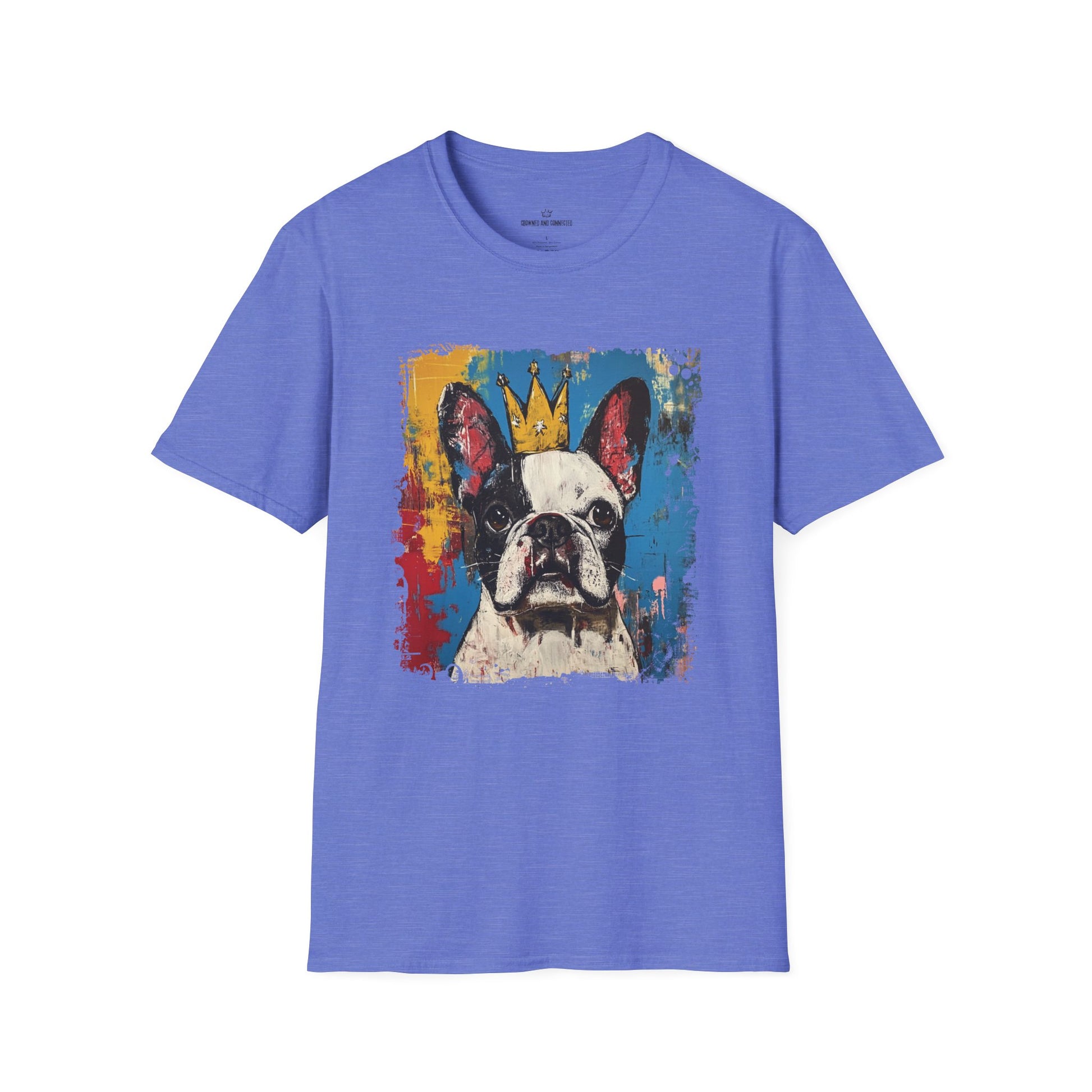 Blue t-shirt with a colorful French Bull dog graphic and crown on a white background
