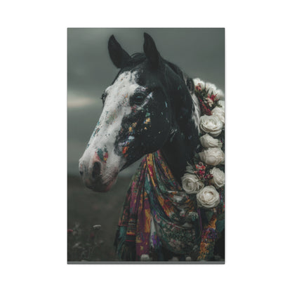 Bohemian Rhapsody- Boho Horse Wall Art Print, Black and White Floral Horse Canvas, Bohemian Rhapsody Western Decor