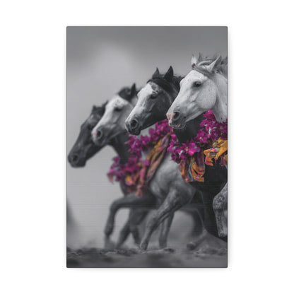 Fuchsia Fury-Running Horse Wall Art Print, Boho Floral Horse Herd Canvas, Pink Wild Horse Decor, Western Artwork