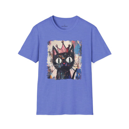 Blue t-shirt with a black cat wearing a crown graphic on a white background