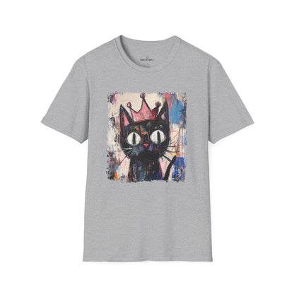 Gray t-shirt with a colorful cat graphic on a white background