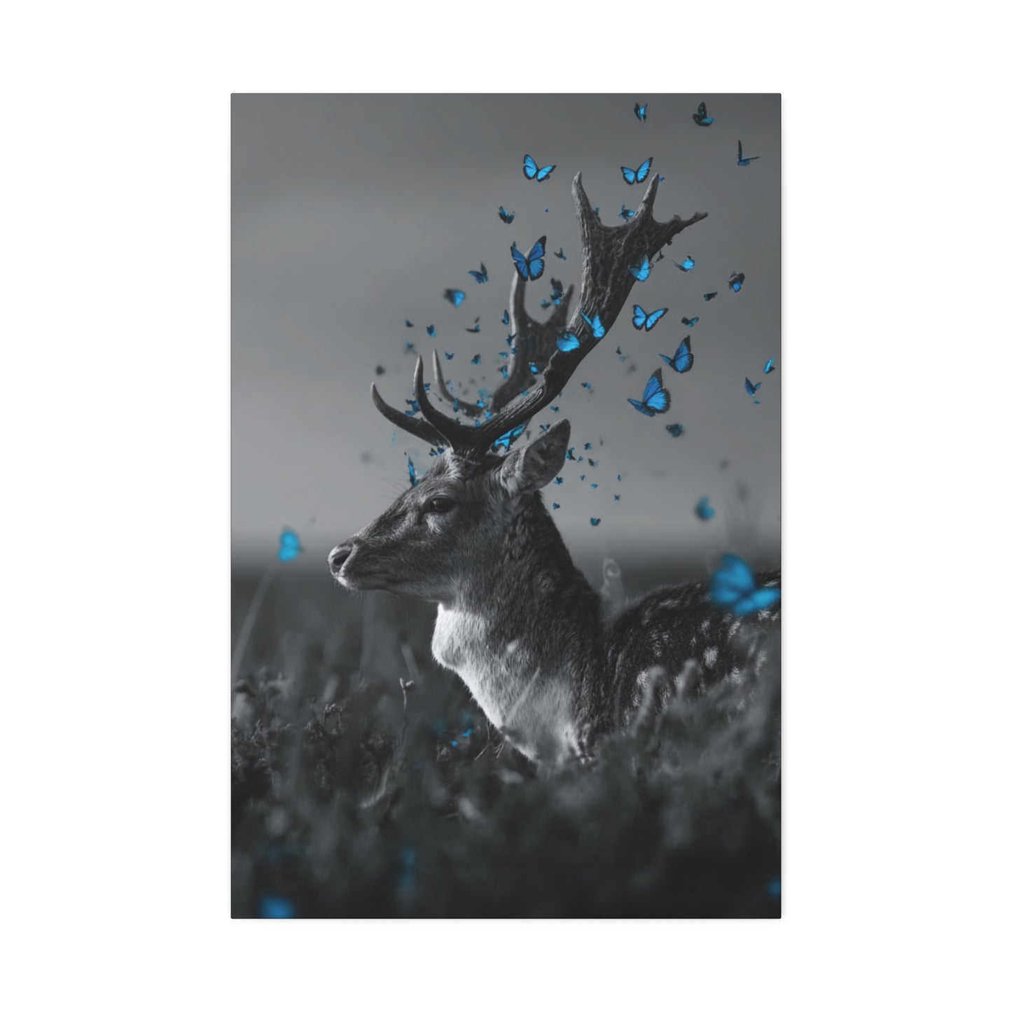 Crown of Wings | Black and White Deer Canvas Art with Blue Butterflies – Rustic Wildlife Wall Decor