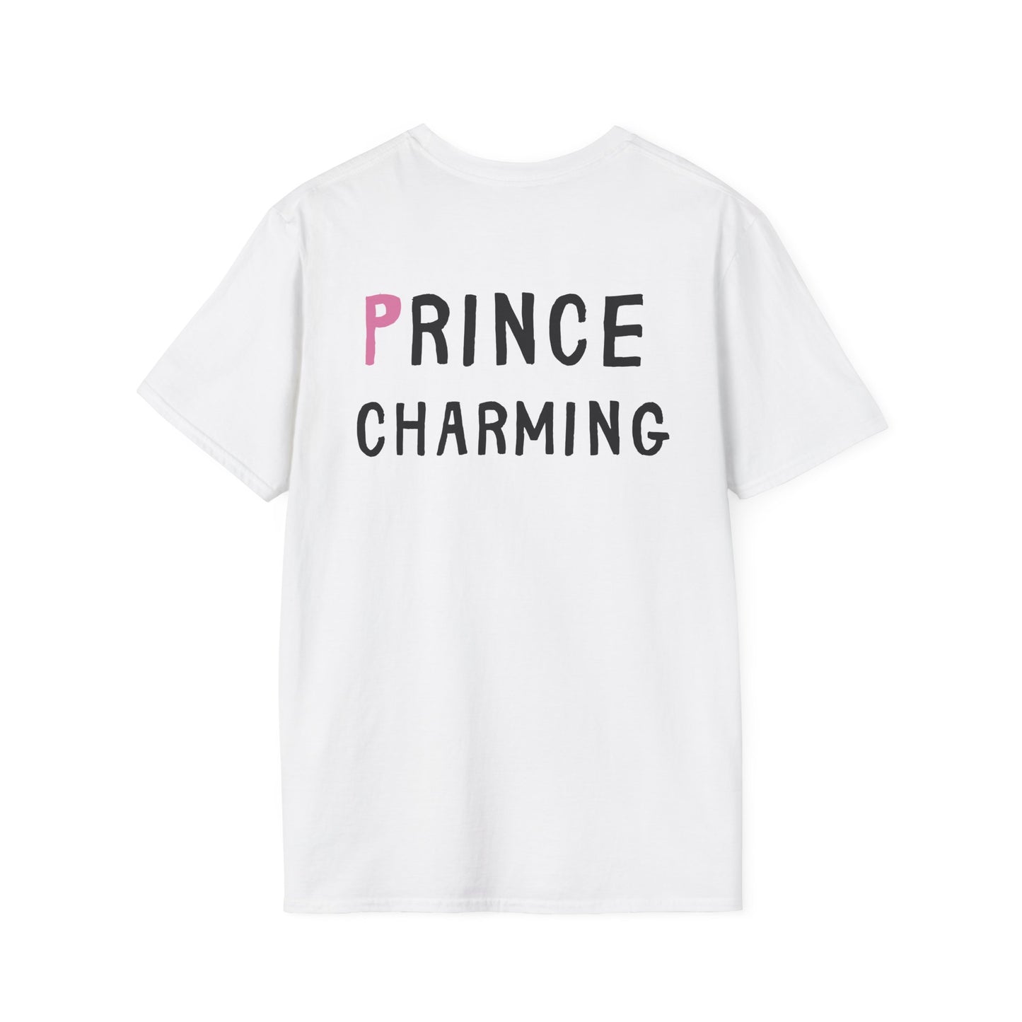 White t-shirt with 'PRINCE CHARMING' text on a white background