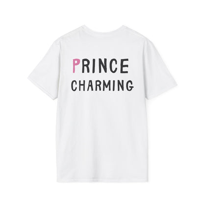 White t-shirt with 'PRINCE CHARMING' text on a white background