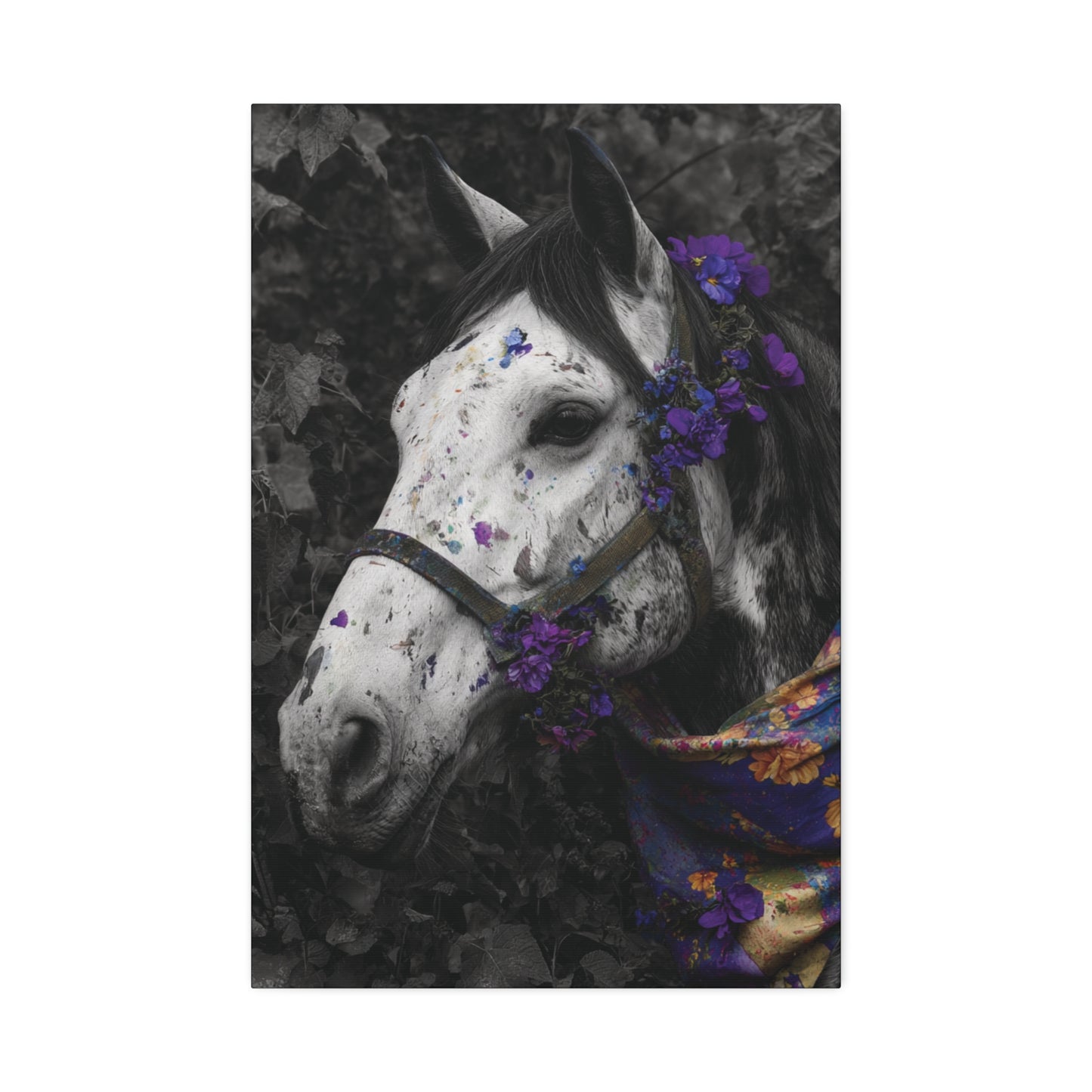 Violet Reverie – Black and White Wild Horse Canvas Art with Purple Accents